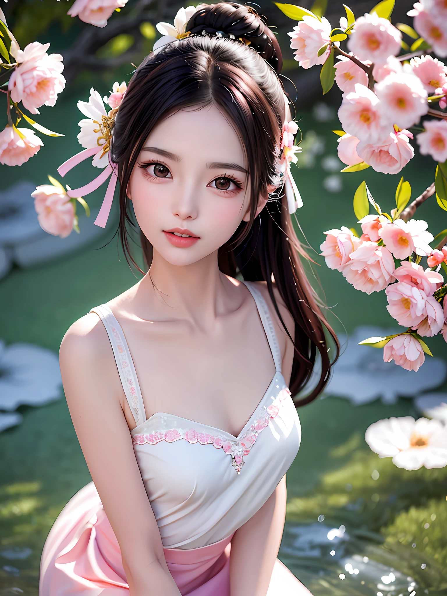 A gentle and lovely Chinese beautiful woman, delicate and sexy collarbone, charming goose egg face, double eyelids, smart peach blossom eyes, pink lips, small upturned nose, bare shoulders, focused face, face close-up, ultra HD, super detail, full body photo, ultra-thin light transmission optimal ratio four fingers and one thumb, JK miniskirt, elegantly sitting