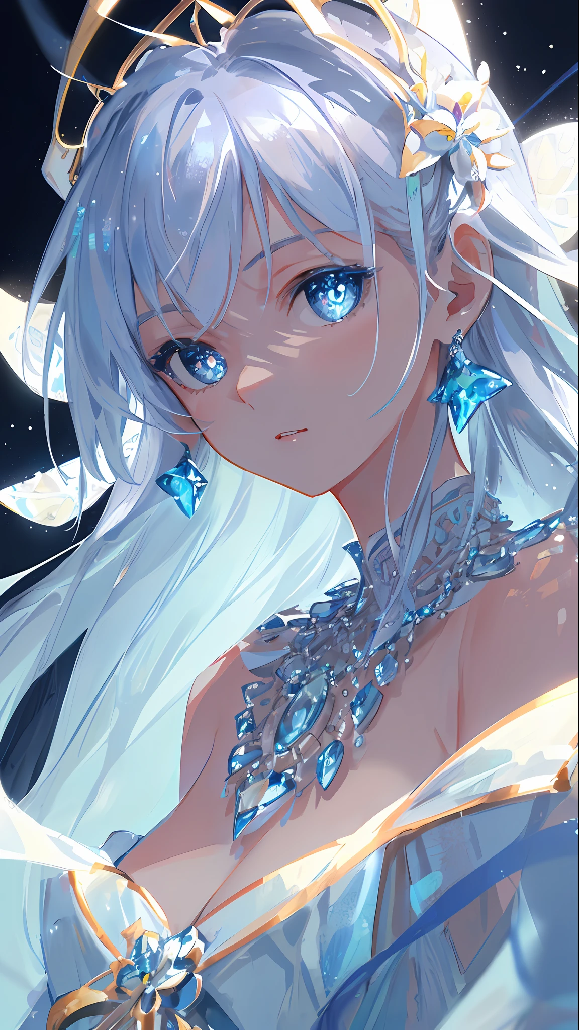 masterpiece, best quality, illustration, sax blue, platinum earrings, platinum necklace, white dress, 1girl, cute, (dynamic lighting:1.2), cinematic lighting, delicate facial features, detailed eyes, sharp pupils, realistic pupils, depth of field, bokeh, sharp focus, (hyper-detailed, bloom, glow:1.4), many small gems