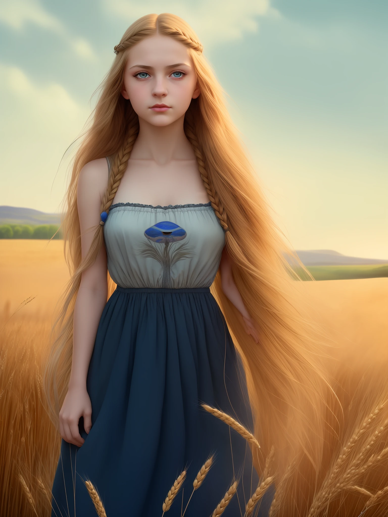 portrait of a beautiful Slavic girl with a long braided braid of wheat-colored hair, a girl of 25 years old, stands in full growth against the backdrop of a picturesque landscape with a field of ripe wheat and a blue sky, back light, outline, the girl is wearing a luxurious sundress with an ornament from a Slavic swastika, an oval face  superb unearthly beauty, lapis lazuli-colored eyes, long and fluffy eyelashes, dark eyebrows, graceful and graceful physique, the girl's  are small, the girl's portrait was shot on a Hasellblad X2D 100C digital camera, XCD lens 100mm F / 0.9, photorealistic, realistic, hyper-detailed image 100 megapixels,  shot in the style of William Mortensen, rich colors, tranding in 500px.