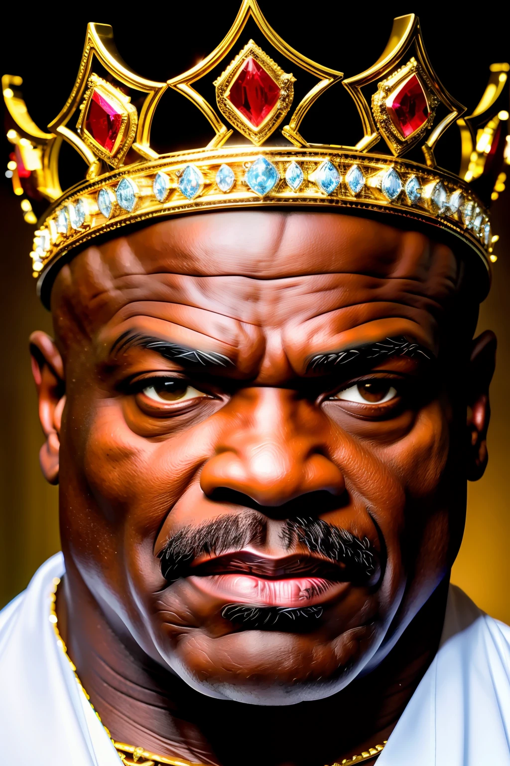good hand, 4k, high resolution, masterpiece, best quality, head: 1.3, fine skin detail, sharp focus, (cinematic lighting), morning, soft lighting, front angle, [: (detailed face: 1.2): 0.2], full face portrait photo ronnie coleman, with a king's crown on his head, black man, bald, super muscular