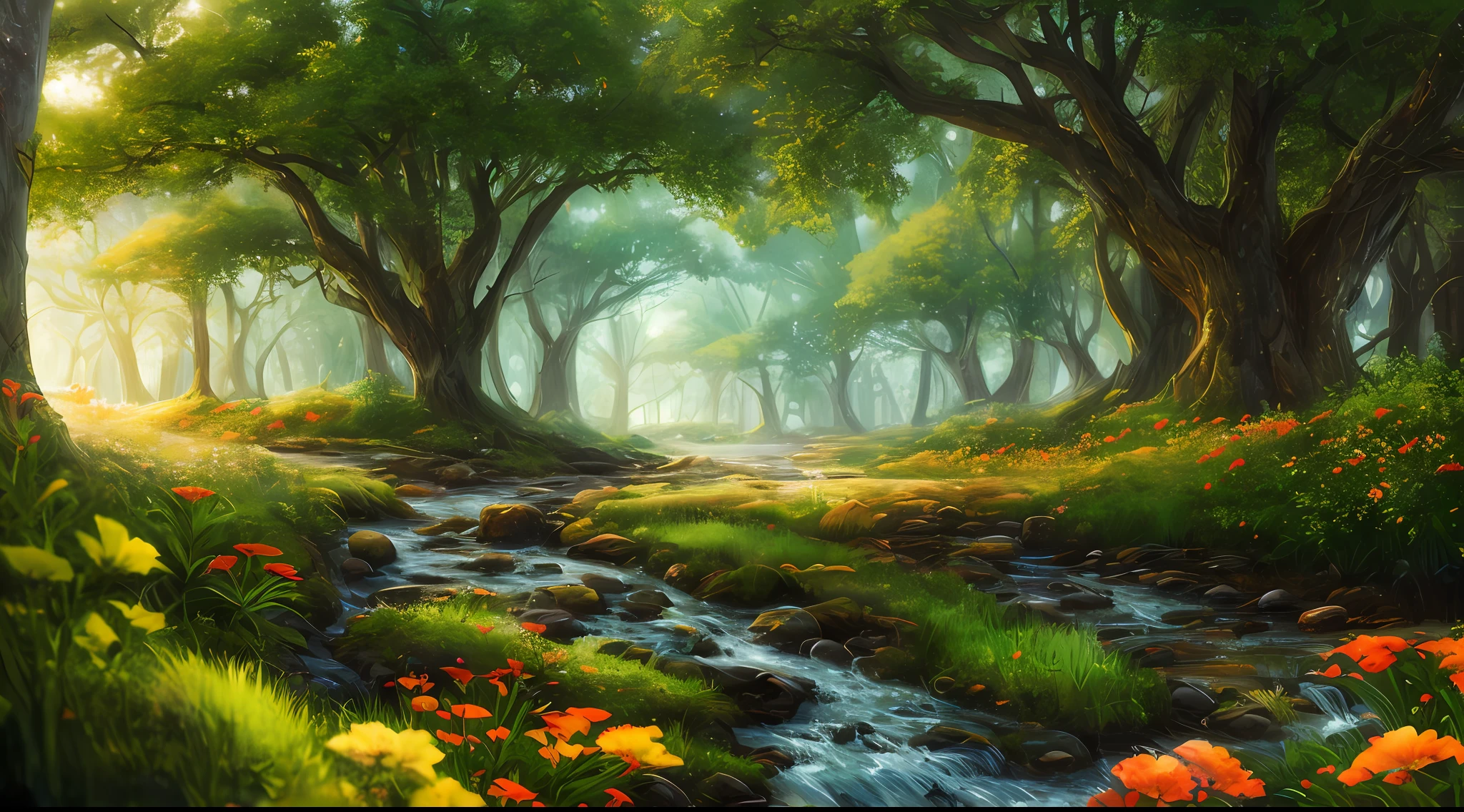 masterpiece, best quality, high quality, extremely detailed 8k wallpaper of CG unit, a charming and dreamy scene of a fantasy forest, with tall trees, houses, mountains, waterfall, bright mushrooms and hidden fairy valleys, creating a sense of mystique and enchantment, artistic station, digital illustration, intricate, trend, pastel colors, oil painting, award-winning photography,  Bokeh, depth of field, HDR, flower, chromatic aberration, photorealistic, extremely detailed, trend in artstation, trend in CGsociety, intricate, high detail, dramatic, art in the middle of the journey