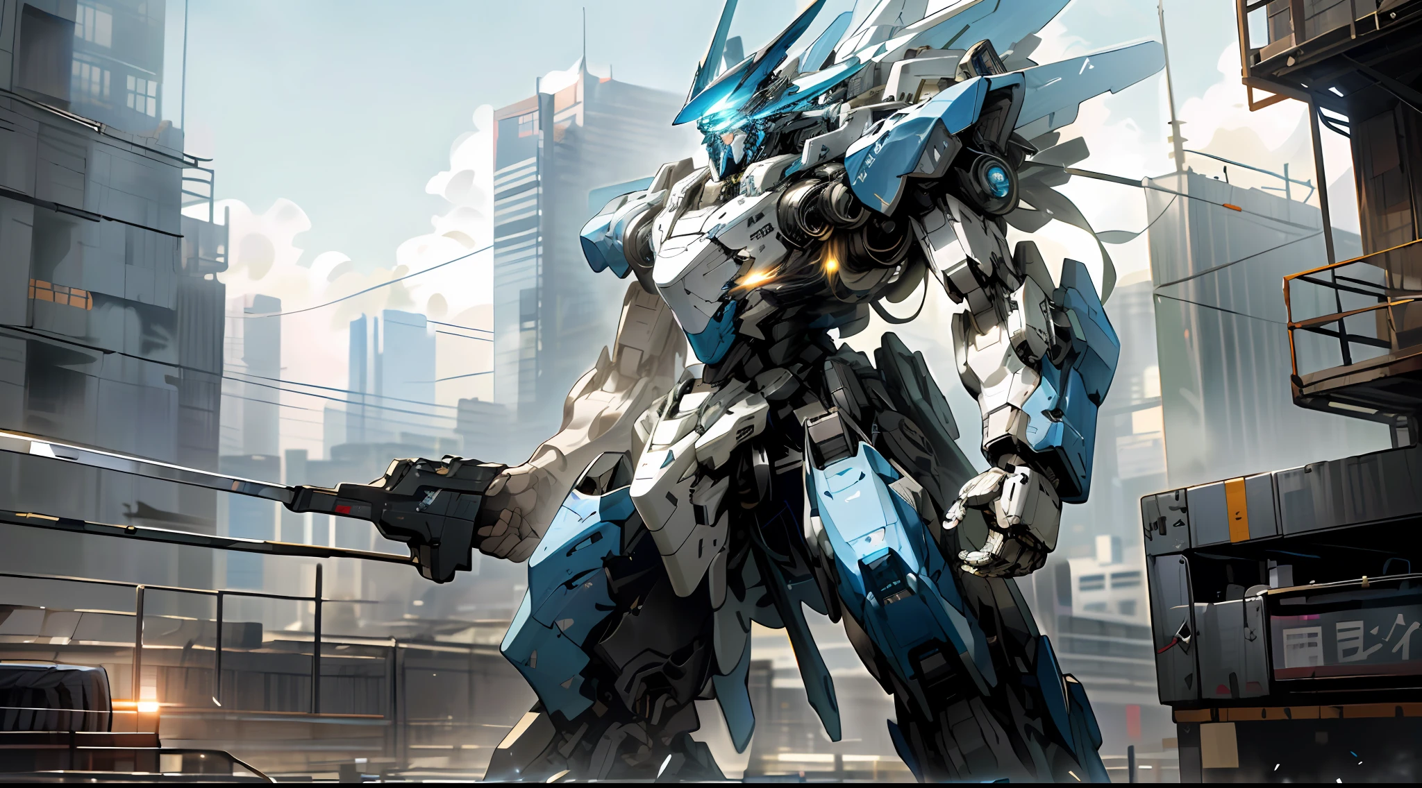 "({quality: masterpiece, type: illustration, description: extremely detailed, resolution: ultra-high, rendering: CG unity, size: 8k}, {tag: clear sky}, {tag: holding weapon}, {tag: glowing}, {tag: robot}, {tag: building}, {tag: glowing eyes}, {tag: blue mecha}, {tag: science fiction}, {tag: city}, {tag: realistic}, {tag: mecha})".