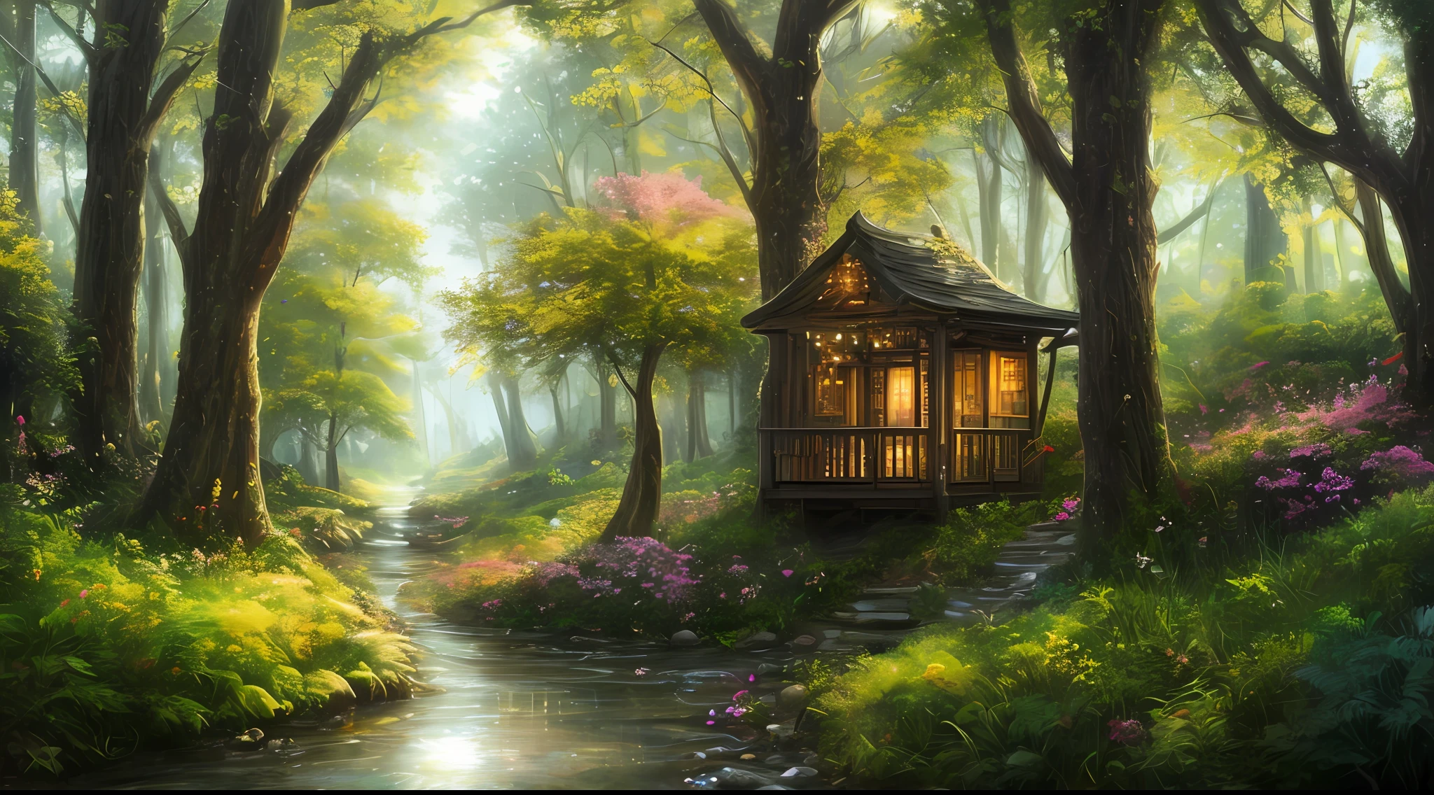 masterpiece, best quality, high quality, extremely detailed 8k wallpaper of CG unit, a charming and dreamy scene of a fantasy forest, with tall trees, houses, mountains, waterfall, bright mushrooms and hidden fairy valleys, creating a sense of mystique and enchantment, artistic station, digital illustration, intricate, trend, pastel colors, oil painting, award-winning photography, Bokeh, depth of field, HDR, flower, chromatic aberration, photorealistic, extremely detailed, trend in artstation, trend in CGsociety, intricate, high detail, dramatic, art in the middle of the journey