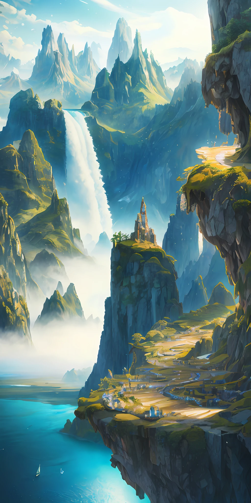 Masterpiece, best quality, high quality, extremely detailed CG unity 8k wallpaper, landscape, outdoor, sky, cloud, sky, no humans, mountain, landscape, water, tree, blue sky, waterfall, cliff, nature, lake, river , cloudy skies, award winning photography, bokeh, depth of field, HDR, bloom, chromatic aberration, photorealism, very detailed, trending on artstation, trending on CGsociety, intricate, high detail, dramatic, midjourney art