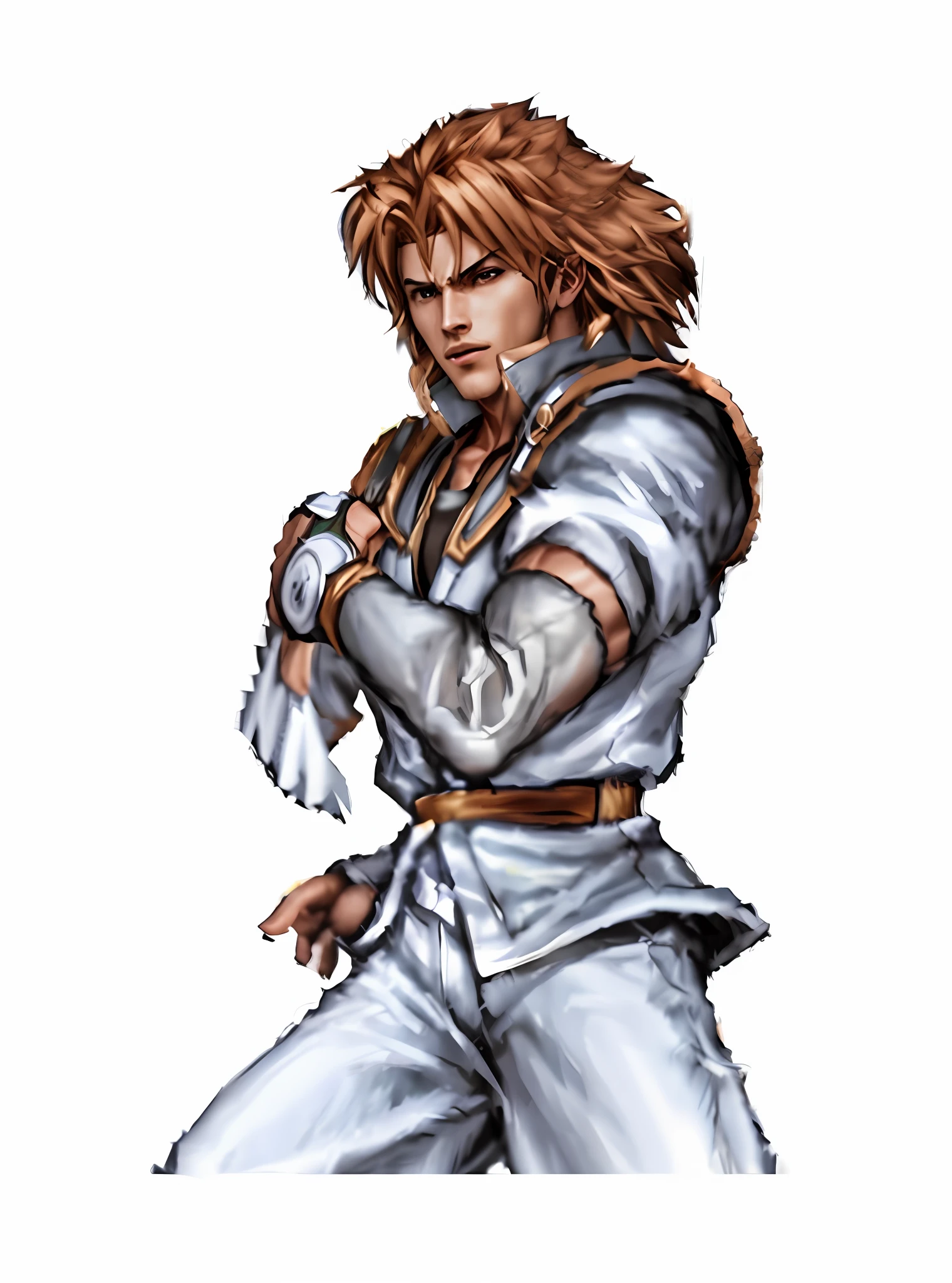 A man dressed in white, fighting game character, jrpg character, king of fighters character, fighting stance, fighting stance, gyro zeppeli, RPG character, as a character in Tekken,