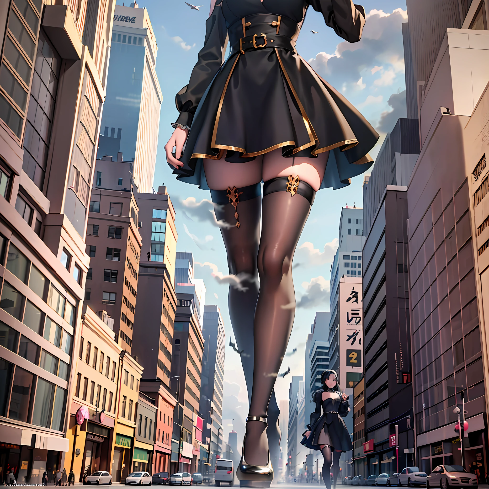 Woman in black dress and stockings walking down the street, giantess art, highly detailed picture of giantess, sleek anime CG art, massive legs towering above you, photorealistic render of anime girl, giantess, trend on CGstation, Wlop and Krenz Cushart, small details. Girls at the forefront, realistic anime 3D style
