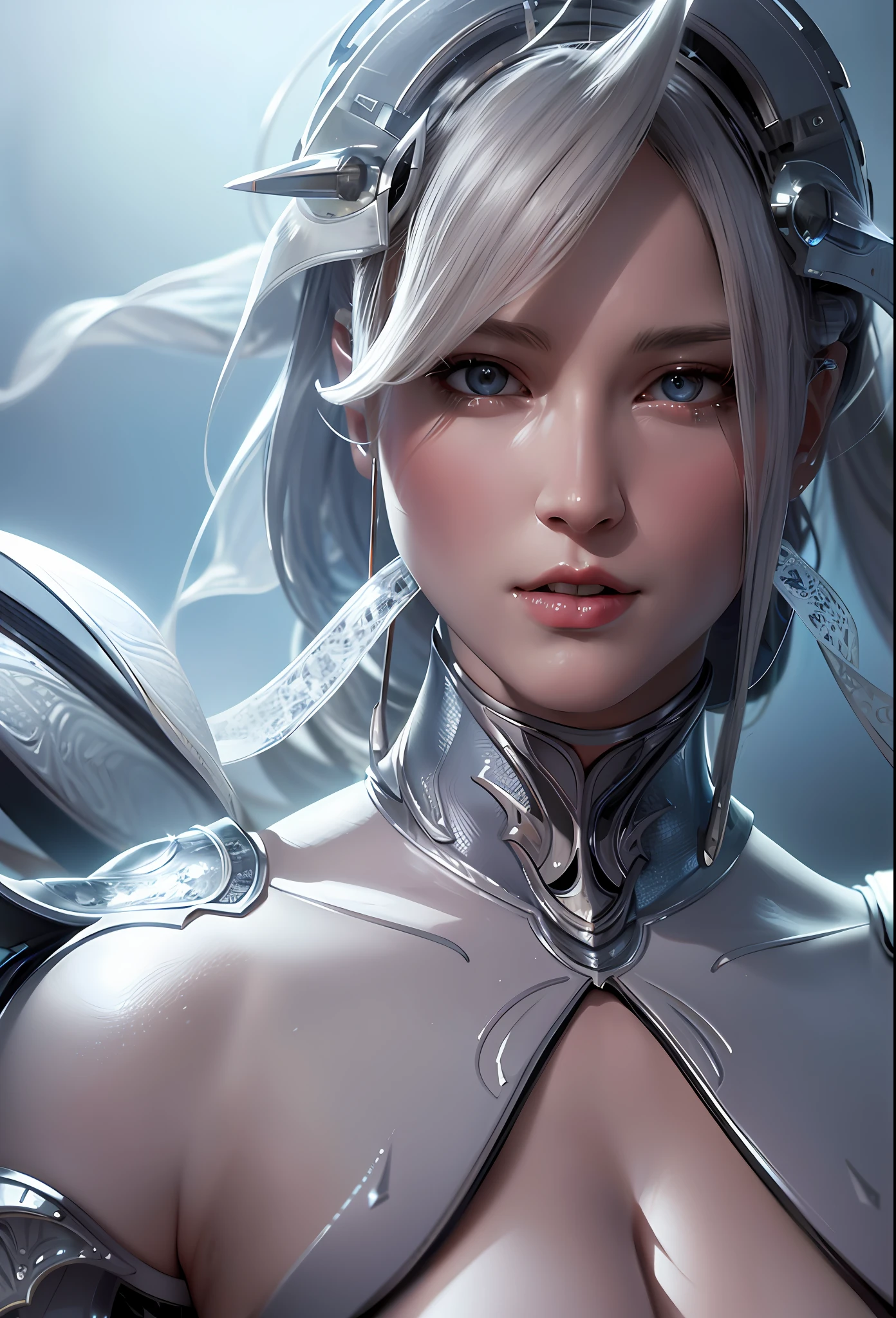 organic cyborg, white plastic, diffuse lighting, fantasy, intricate, elegant, highly detailed, realistic, realistic, digital painting, art station, illustration, concept art, smooth, sharp focus, art by Sophie Marceau and Artem Demura, upper body, face clear, skin texture