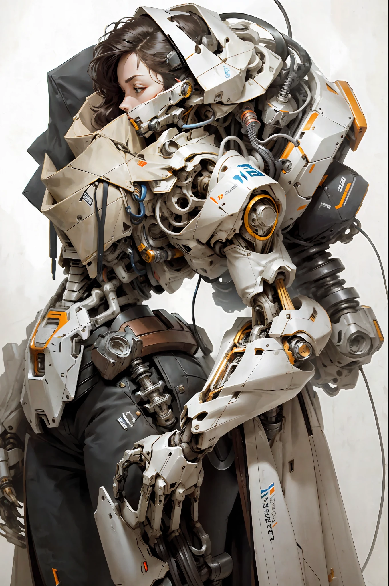 1 woman inside a huge bulky exoskeleton robot , ((bulky)) armor, mecha,
ink, clean lines, negative space, high contrast, gradient color,(((masterpiece))), ((best quality)), (ultra-detailed), (CG illustration), (an extremely devious and beautiful)), cinematic light, ((mechanical girl)), single, (machine-made joints: 1.4), ((mechanical limbs)), ( blood vessels attached to the tube), ((mechanical cervical vertebrae attached to the neck), (wires and cables attached to the head and body: 1.5)