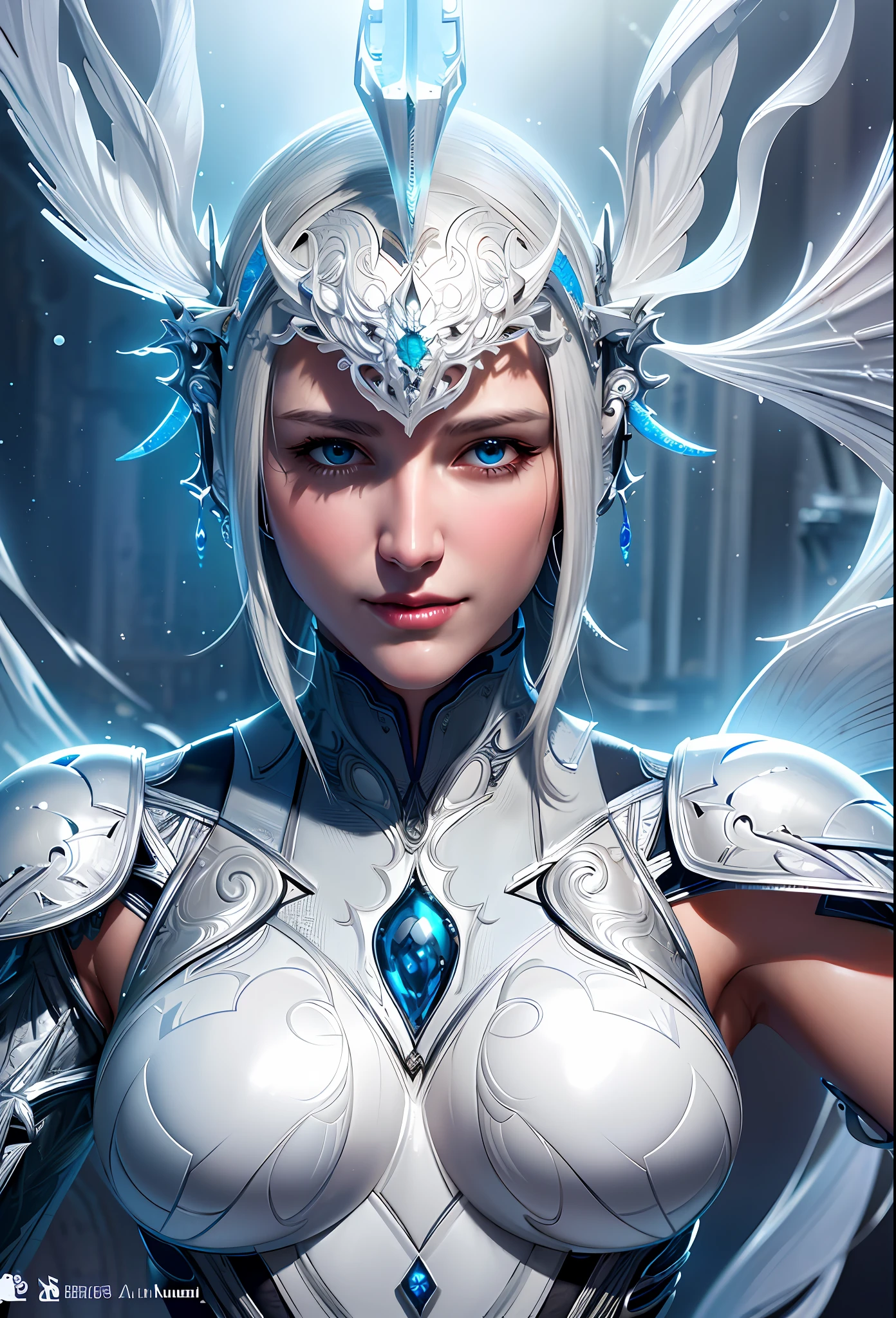 organic cyborg, white plastic, diffuse lighting, fantasy, intricate, elegant, highly detailed, realistic, realistic, digital painting, art station, illustration, concept art, smooth, sharp focus, art by Sophie Marceau and Albert Obright and Krenz Kusart and Artem Demulla, upper body, facial clarity, skin texture