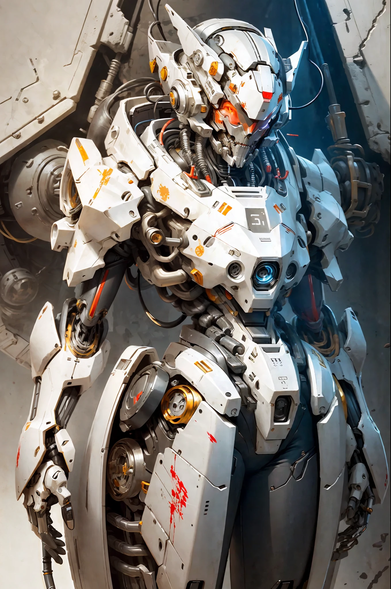 1 woman inside a huge bulky exoskeleton  robot  , ((bulky)) armor,  mecha, 
ink, clean lines,  negative space, high contrast, gradient color,(((masterpiece))), ((best quality)), (ultra-detailed), (CG illustration), (an extremely devious and beautiful)), cinematic light, ((mechanical girl)), single, (machine-made joints: 1.4), ((mechanical limbs)), ( blood vessels attached to the tube), ((mechanical cervical vertebrae attached to the neck), (wires and cables attached to the head and body: 1.5)