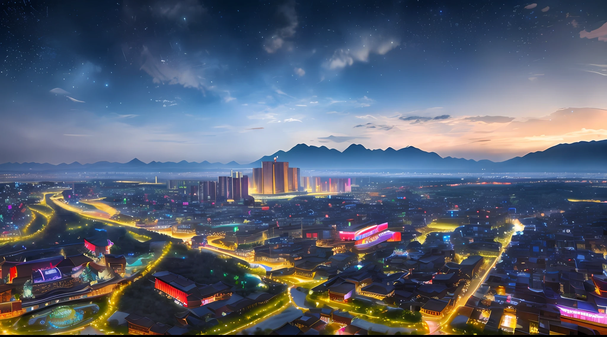 Chang'an City in ancient China, ten thousand lights, prosperous, ultra-high-definition, epic composition, lanterns, bright starry sky, 4K, mountain rain is about to come, ancient style