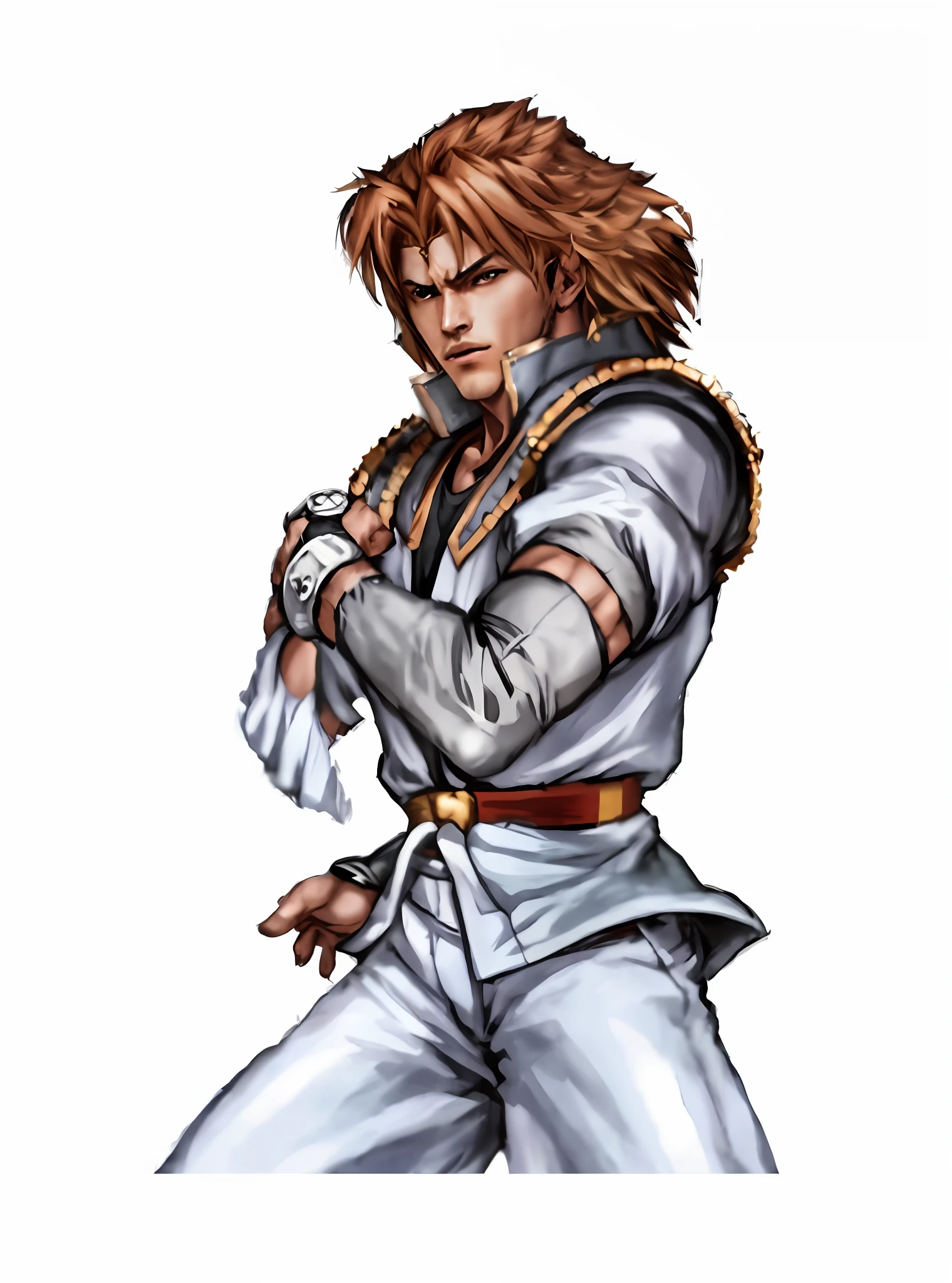 a close up of a person with a sword in a white outfit, as a character in tekken, fighting game character, character from king of fighters, joseph joestar, jin kagetsu, gyro zeppeli, jrpg character, kazuma kaneko, fighting stance, shikanosuke yagaki, dio brando, jrpg character art, masamune shiro