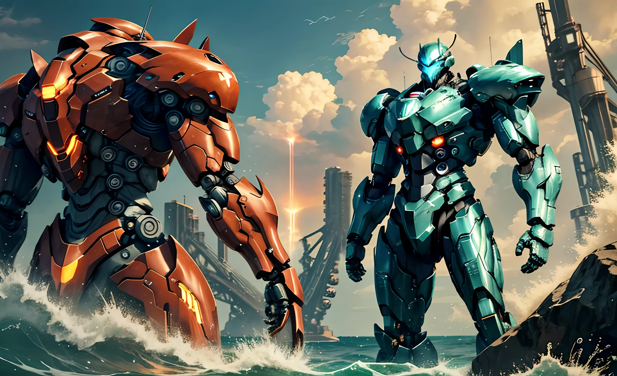 pacific rim jaeger,mecha, standing face to face,  mechanical, on the ocean, 
clear lines,glowing, gradient color, realistic