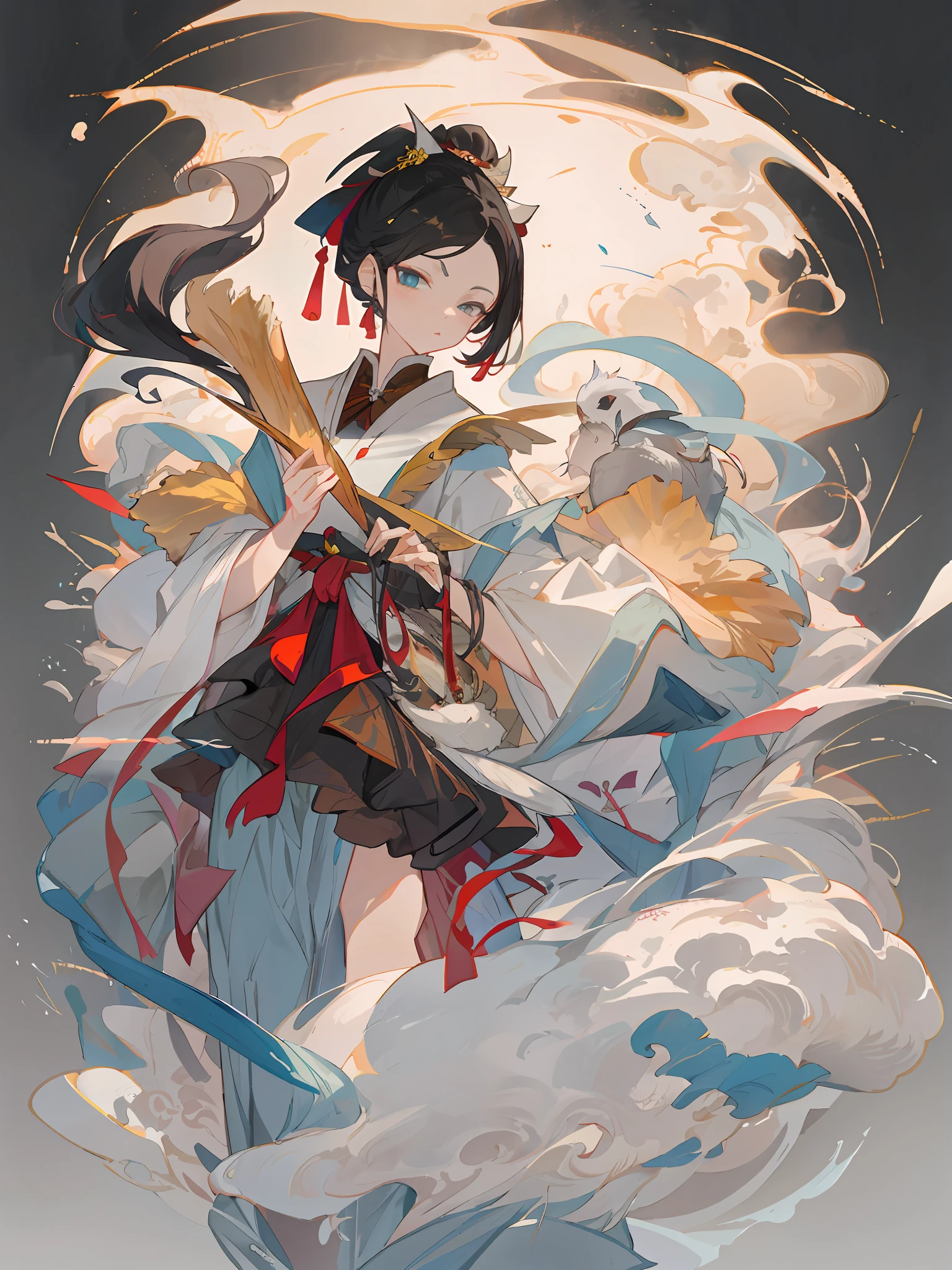 Chinese door-god,a painting of an assassin and one of the enemies, in the style of russ mills, sui dynasty, mythical Chinese dragon, gold and dark gray , hiroshi yoshida, poster art, contrast of scale, --v6