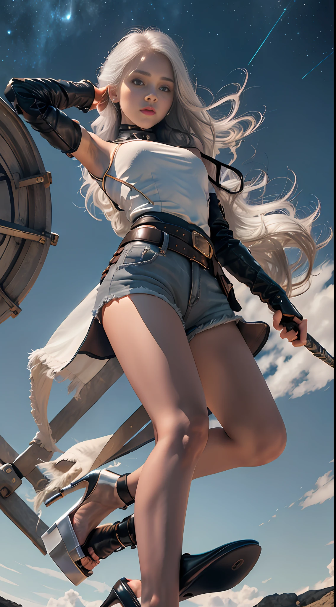 1girl, arm up, asymmetrical hair, belt, bodysuit, covered mouth, covered navel, detached sleeves, grey eyes, hip vent, holding, holding weapon, looking at viewer, night, night sky, pouch, short hair, sky, solo, weapon, white hair, wire, short shorts, shorts, open jacket, Full body, (((high heels))), (((long legs))), (((long hair))),