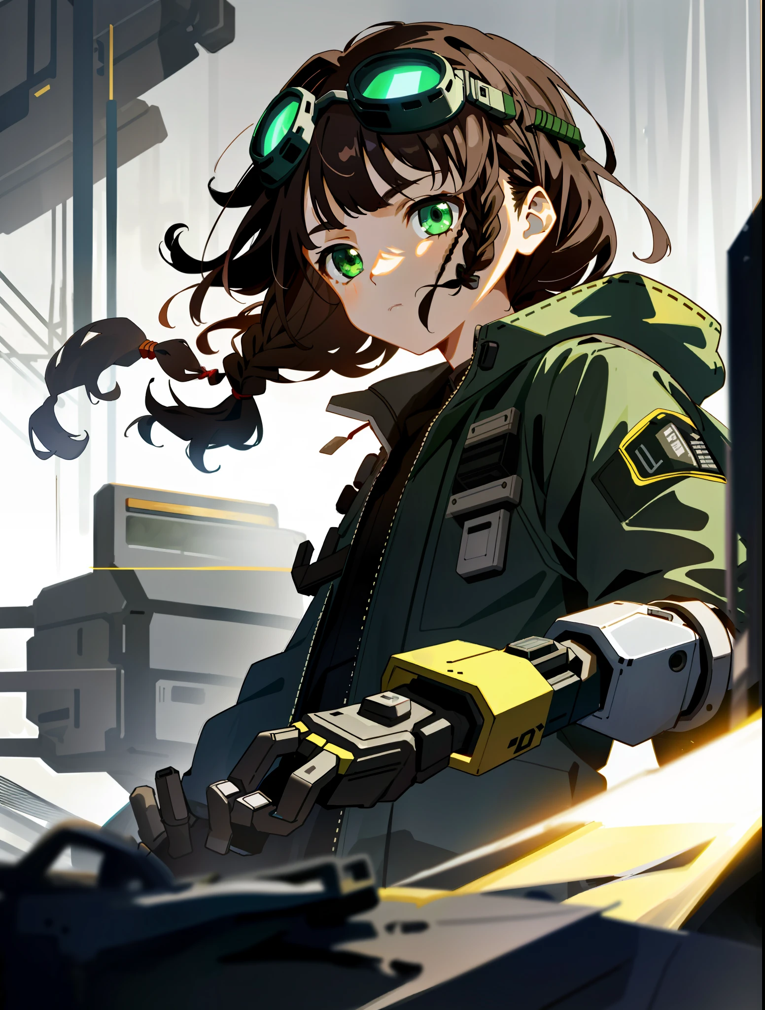 A , near future wide punk jacket, (delicate face) (delicate hair), (dark brown ear hair) (short braid on top right), green eyes, blurred foreground, robotic arm, dramatic light, dramatic shadow, ray tracing, mechanical pile on background, expressionless, mechanical goggles on the head