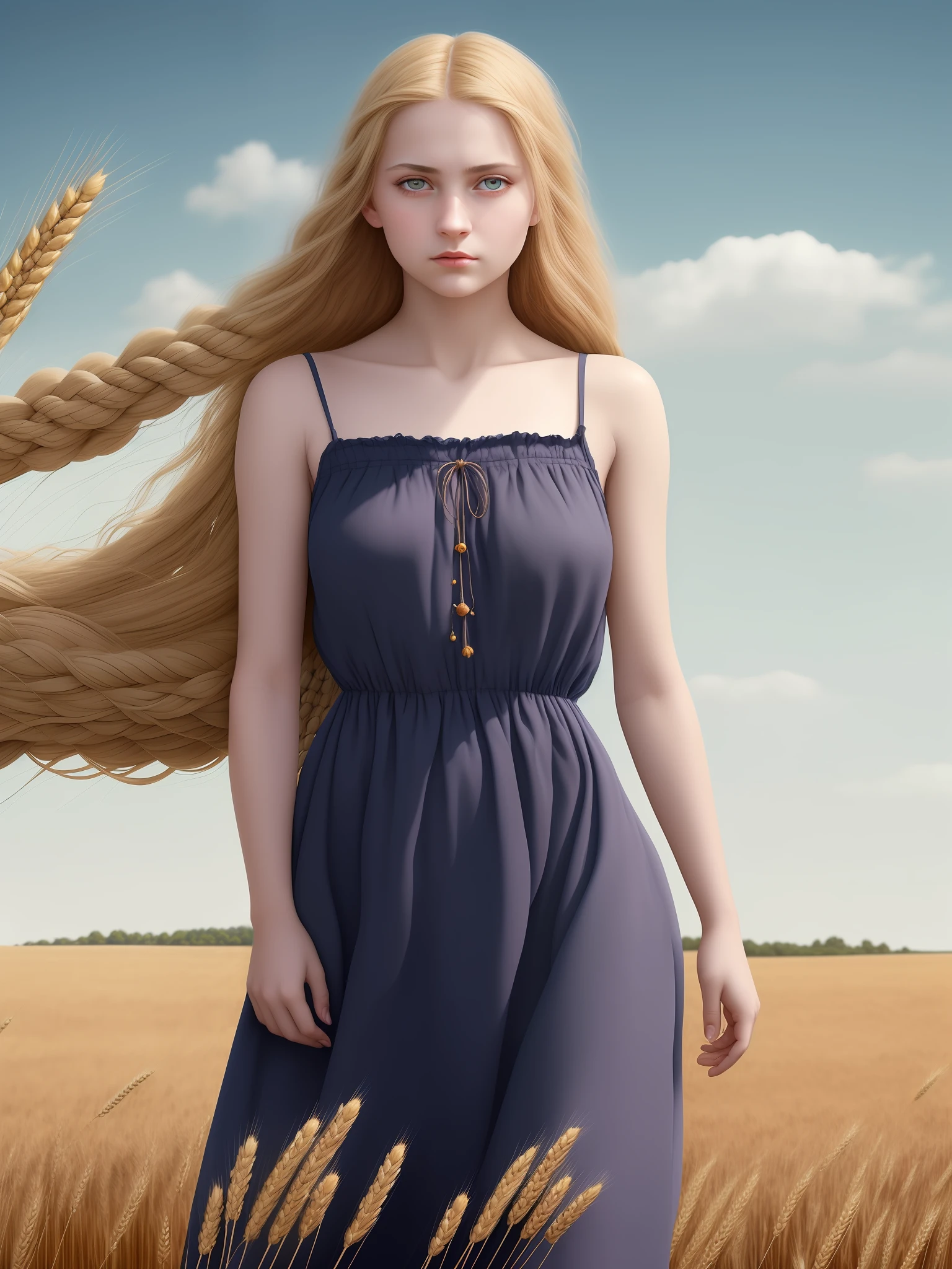 portrait of a beautiful Slavic girl with a long braided braid of wheat-colored hair, a girl of 25 years old, stands in full growth against the backdrop of a picturesque landscape with a field of ripe wheat and a blue sky, back light, outline, the girl is wearing a luxurious sundress with an ornament from a Slavic swastika, an oval face  superb unearthly beauty, lapis lazuli-colored eyes, long and fluffy eyelashes, dark eyebrows, graceful and graceful physique, the girl's breasts are small, the girl's portrait was shot on a Hasellblad X2D 100C digital camera, XCD lens 100mm F / 0.9, photorealistic, realistic, hyper-detailed image 100 megapixels,  shot in the style of William Mortensen, rich colors, tranding in 500px.