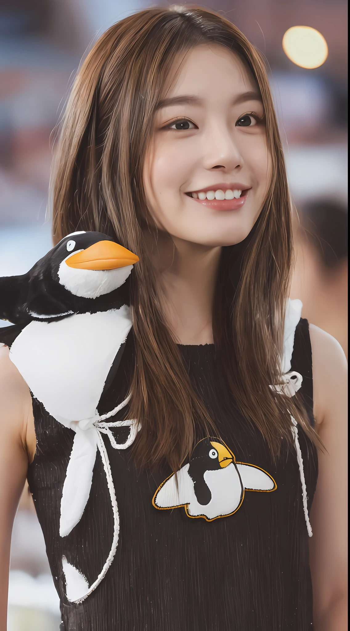 (Realistic, Photorealistic: 1.37), (Masterpiece), (Best Quality: 1.4), (Ultra High Definition: 1.2), (RAW Photo: 1.2), (Sharp Focus: 1.3), (Face Focus: 1.2), (Solo) 1.3, (Full Body: 1.2), wearing a penguin mascot costume like stuffed animal:1.4, brown mole on chest , small mole under right eye, break, (27 years old: 1.1), seductive smile: 0.3, from below, looking at camera, (pretty), (sloppy), saturation: 0.4
