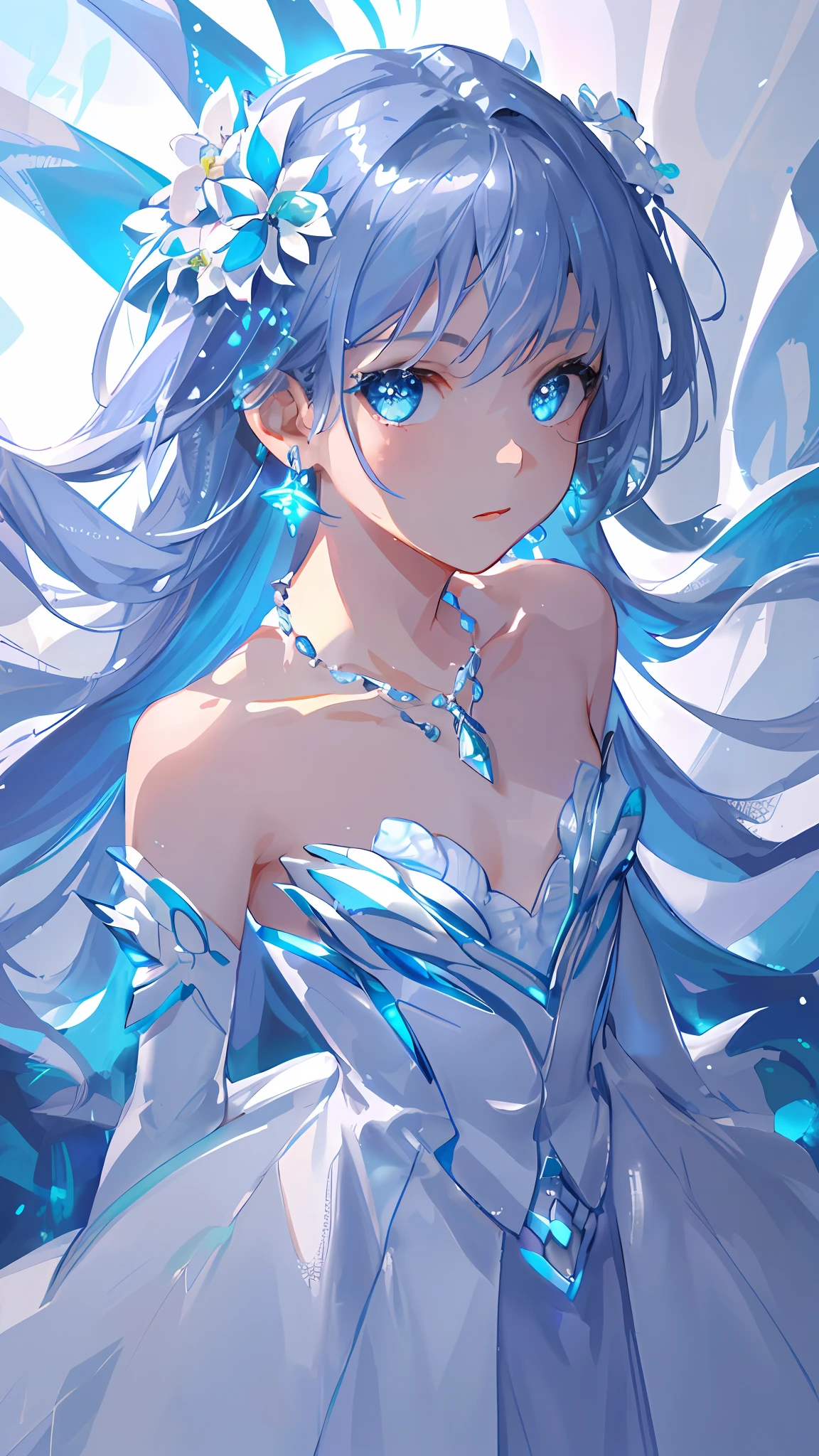 masterpiece, best quality, illustration, sax blue, platinum earrings, platinum necklace, white dress, 1girl, cute, (dynamic lighting:1.2), cinematic lighting, delicate facial features, detailed eyes, sharp pupils, realistic pupils, depth of field, bokeh, sharp focus, (hyper-detailed, bloom, glow:1.4), many small gems