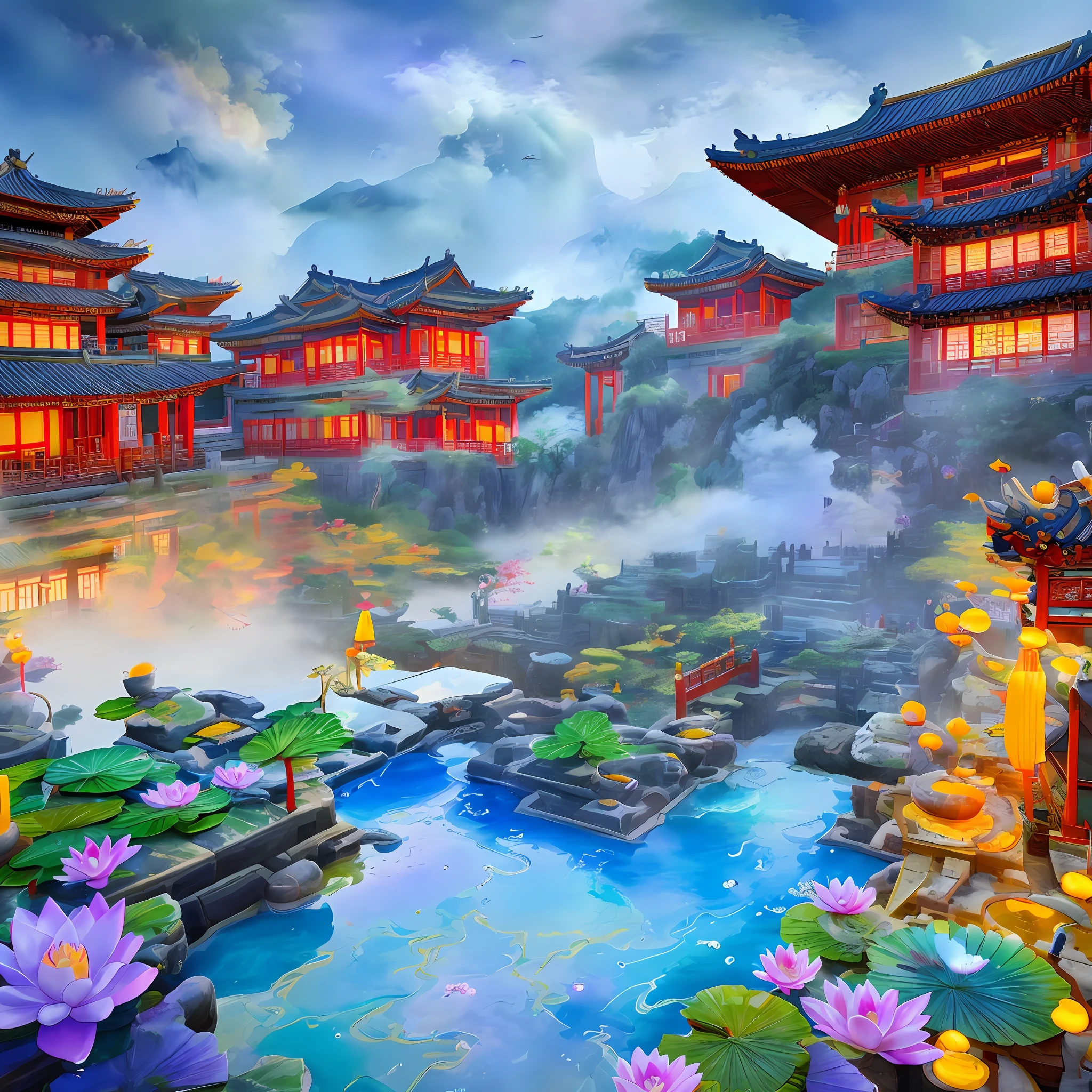 Game scene, ancient Chinese architecture, several floating islands connected in the air, colorful streamers, clouds and mist, majestic, glazed tiles, Buddha statues, brilliant colors, hot springs, lotus, water vapor ((color ink)), ((splash ink)), ((splash ink)), Masterpiece, high quality, beautiful graphics, high detail