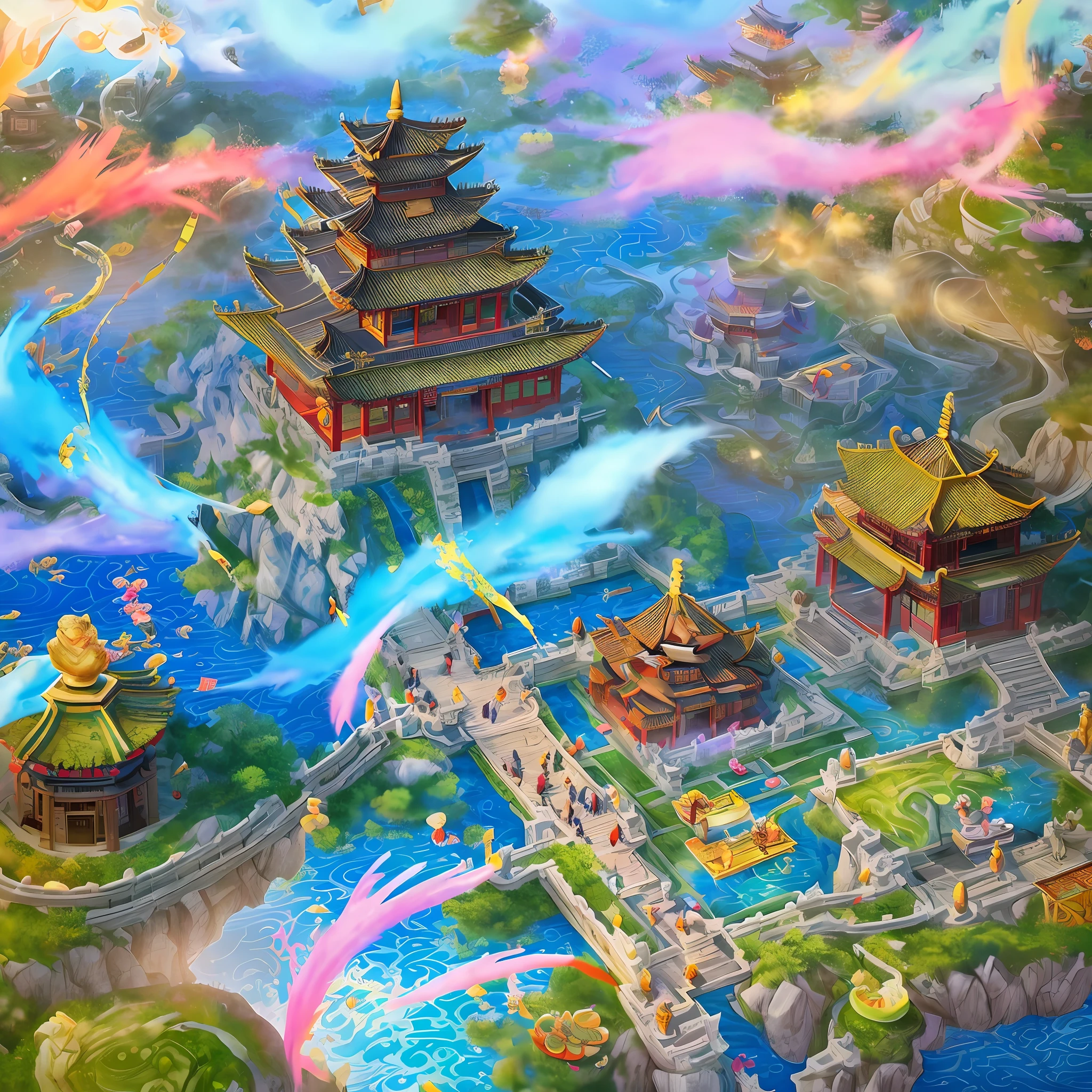Game scene, ancient Chinese architecture, several floating islands connected in the air, colorful streamers, clouds and mist, majestic, glazed tiles, Buddha statues, brilliant colors, hot springs, lotus, water vapor ((color ink)), ((splash ink)), ((splash ink)), Masterpiece, high quality, beautiful graphics, high detail