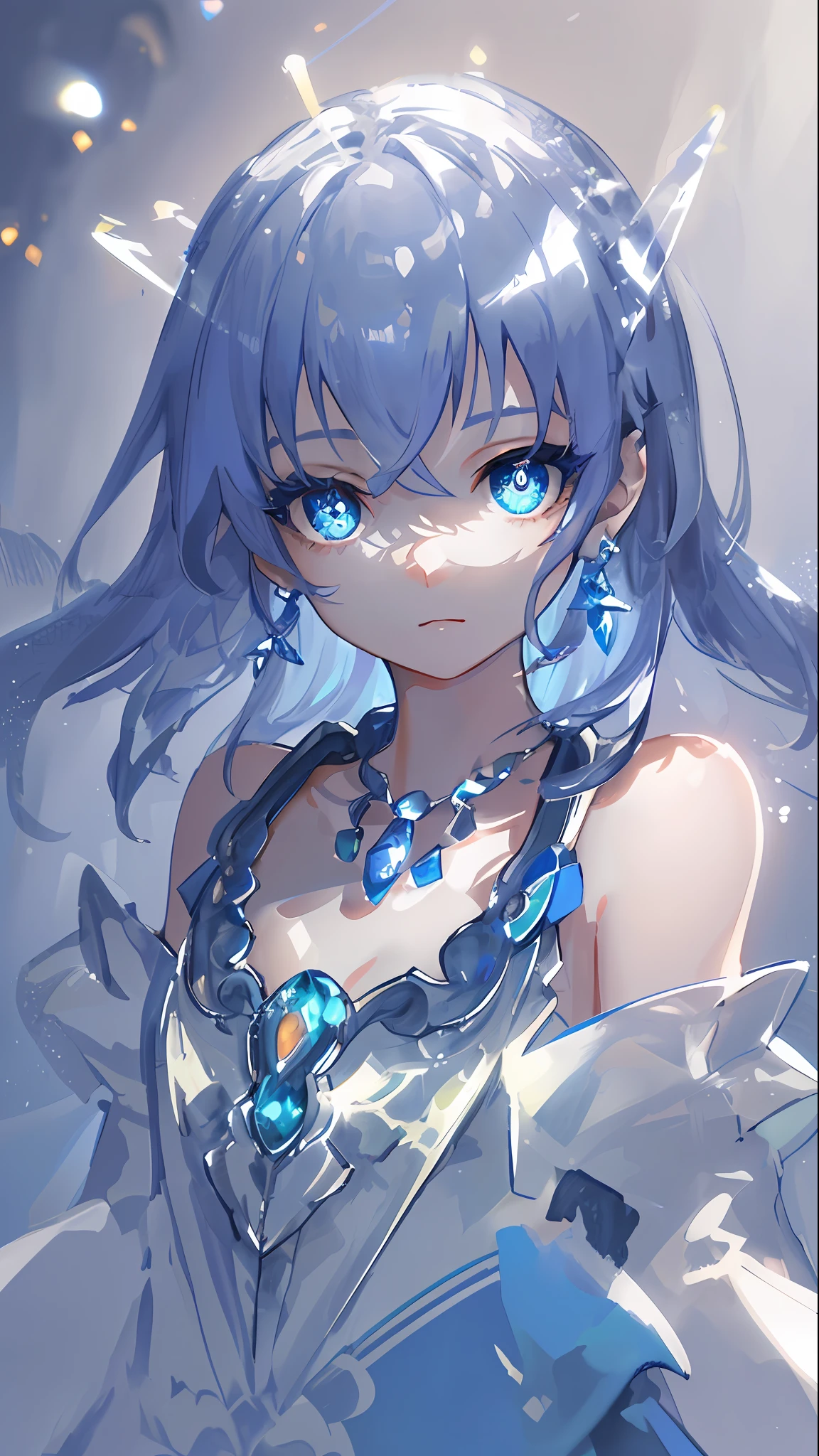 masterpiece, best quality, illustration, sax blue, platinum earrings, platinum necklace, white dress, 1girl, cute, (dynamic lighting:1.2), cinematic lighting, delicate facial features, detailed eyes, sharp pupils, realistic pupils, depth of field, bokeh, sharp focus, (hyper-detailed, bloom, glow:1.4), many small gems