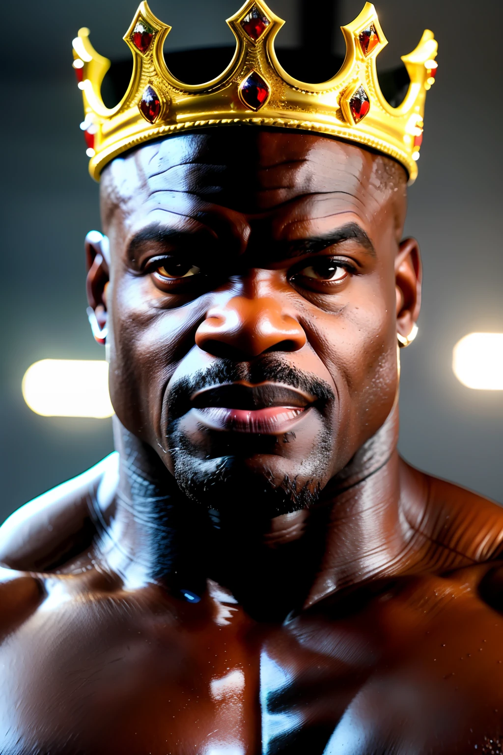 good hand, 4k, high resolution, masterpiece, best quality, head: 1.3, fine skin detail, sharp focus, background a gym, (cinematic lighting), morning, soft lighting, front angle, [: (detailed face: 1.2): 0.2], full face portrait photo ronnie coleman , (with a king's crown on his head), black man , bald , super muscular, clean face without hair