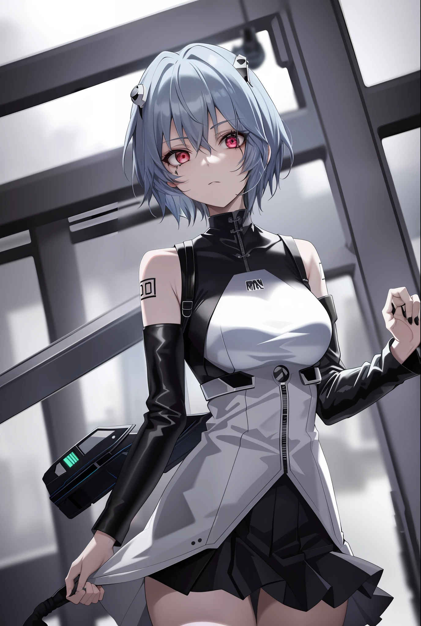 1girl, 20 year old, ayanami rei, blue hair, short_hair, power_lines,interface_headset, depth_of_field, embedded, gothic_clothes, emo, blonde_hair, smokey eyes makeup, ((black_clothes)), pleaded_skirt, stockings, high_boots, self_upload, solo, tattoos, tank_top, tattooed_arms, black_eyeliner, badass pose, medium breasts,