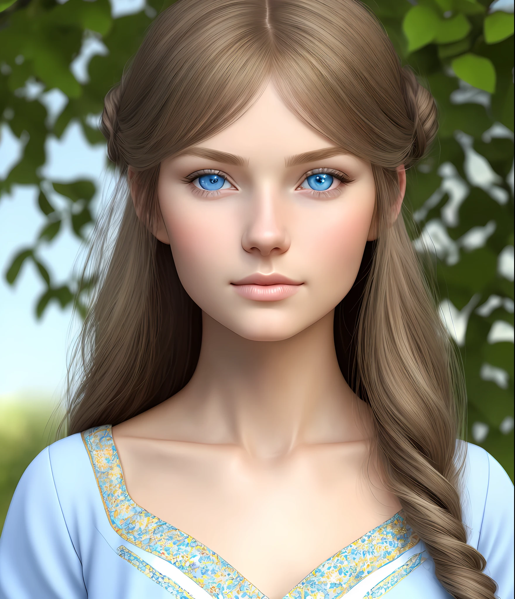 Turn the image into an avatar masterpiece, caucasian woman, traditional clothes from austria, stunning young woman, very soft light peach lips, thin lips, tan skin, detailed symmetric blue eyes with circular iris, extremely detailed skin texture, peach fuzz, realistic, live action, photograph, above the waist, very cute, beautiful face, well groomed face, beautiful eyes, very cute, remove eyebrows, perfect anatomy, (blue eyes), long dark blond straight hair, bangs, 8k resolution, human hands, highly detailed, smooth, stunningly beautiful, cinematic, detailed hairstyle, garden in the background