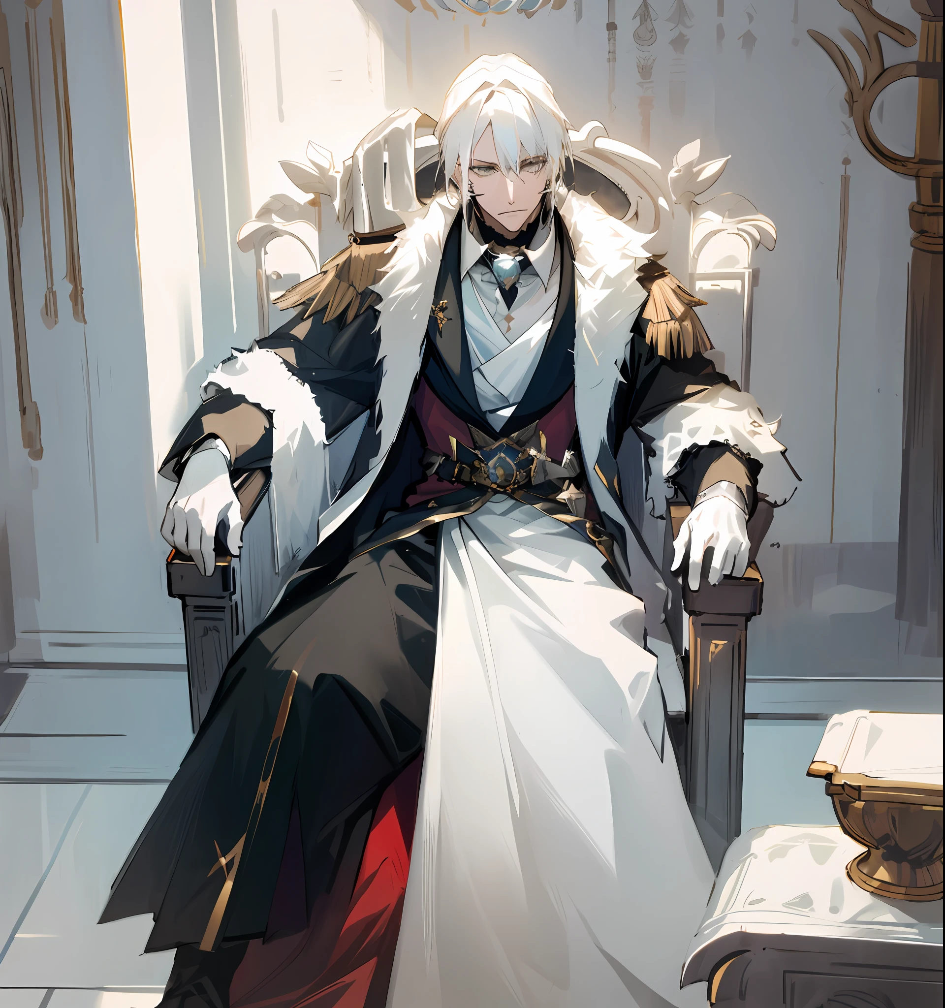 A king, white hair, sitting on the throne and imal white clothing, portrait