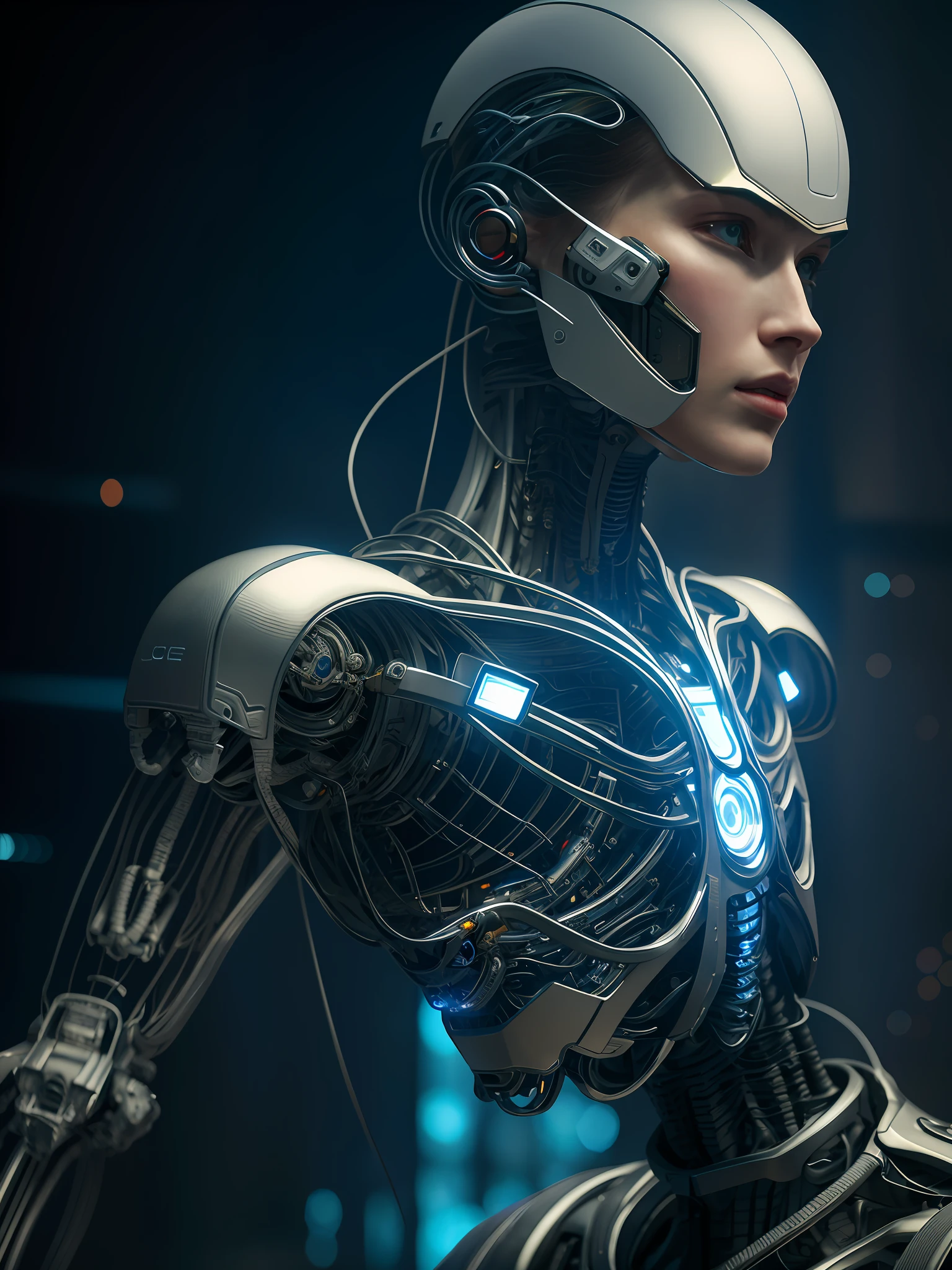 complex 3d render ultra detailed of a beautiful porcelain profile woman android upper body, closed mouth, cyborg, robotic parts, 150 mm, beautiful studio soft light, rim light, vibrant details, luxurious cyberpunk, lace, hyperrealistic, anatomical, facial muscles, cable electric wires, microchip, elegant, beautiful background, octane render, H. R. Giger style, 8k, best quality, masterpiece, illustration, an extremely delicate and beautiful, extremely detailed ,CG ,unity ,wallpaper, (realistic, photo-realistic:1.37),Amazing, finely detail, masterpiece,best quality,official art, extremely detailed CG unity 8k wallpaper, absurdres, incredibly absurdres, robot, silver halmet, full body,