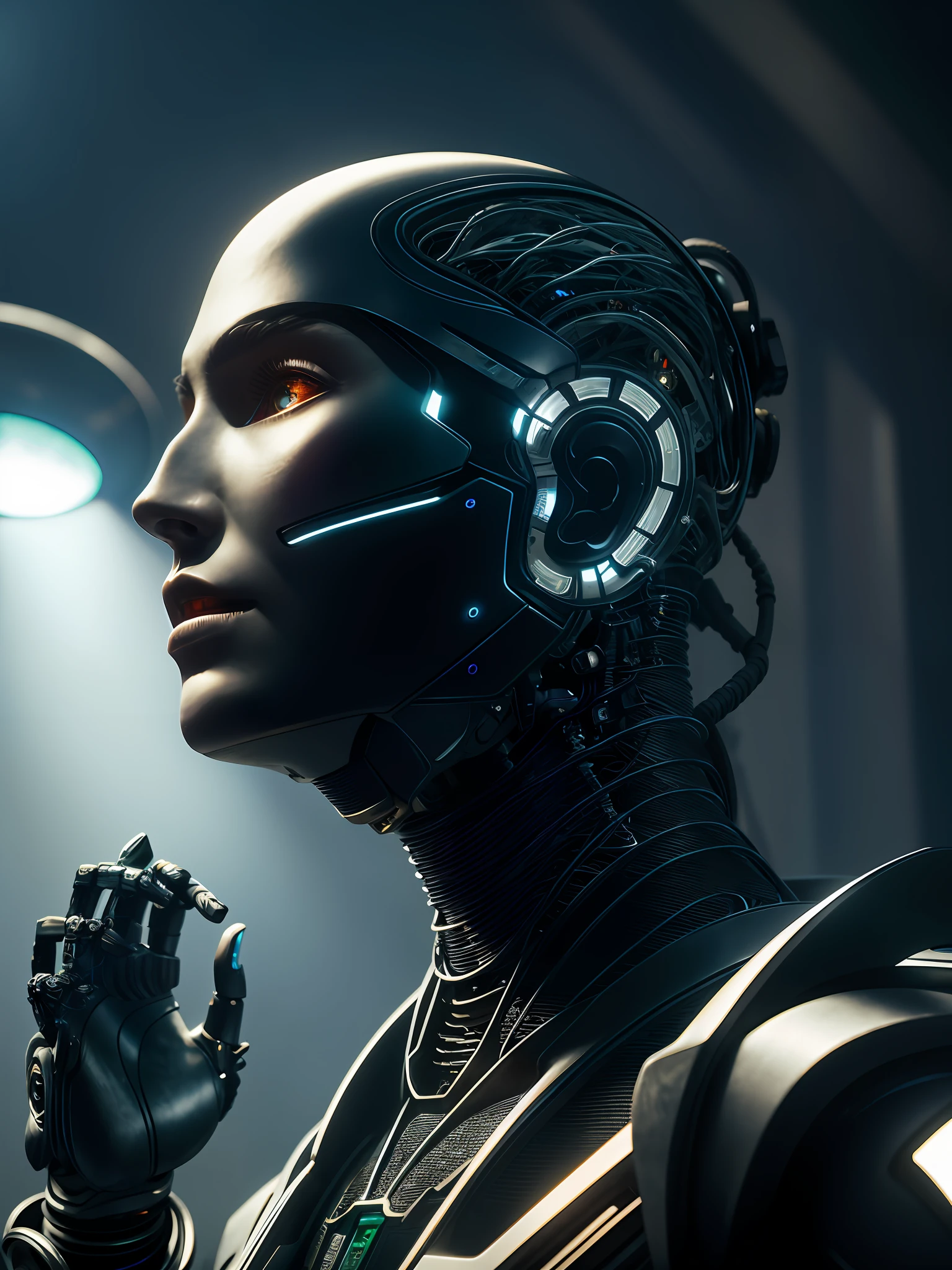 complex 3d render ultra detailed of a beautiful porcelain profile woman android upper body, closed mouth, cyborg, robotic parts, 150 mm, beautiful studio soft light, rim light, vibrant details, luxurious cyberpunk, lace, hyperrealistic, anatomical, facial muscles, cable electric wires, microchip, elegant, beautiful background, octane render, H. R. Giger style, 8k, best quality, masterpiece, illustration, an extremely delicate and beautiful, extremely detailed ,CG ,unity ,wallpaper, (realistic, photo-realistic:1.37),Amazing, finely detail, masterpiece,best quality,official art, extremely detailed CG unity 8k wallpaper, absurdres, incredibly absurdres, robot, silver halmet, full body,