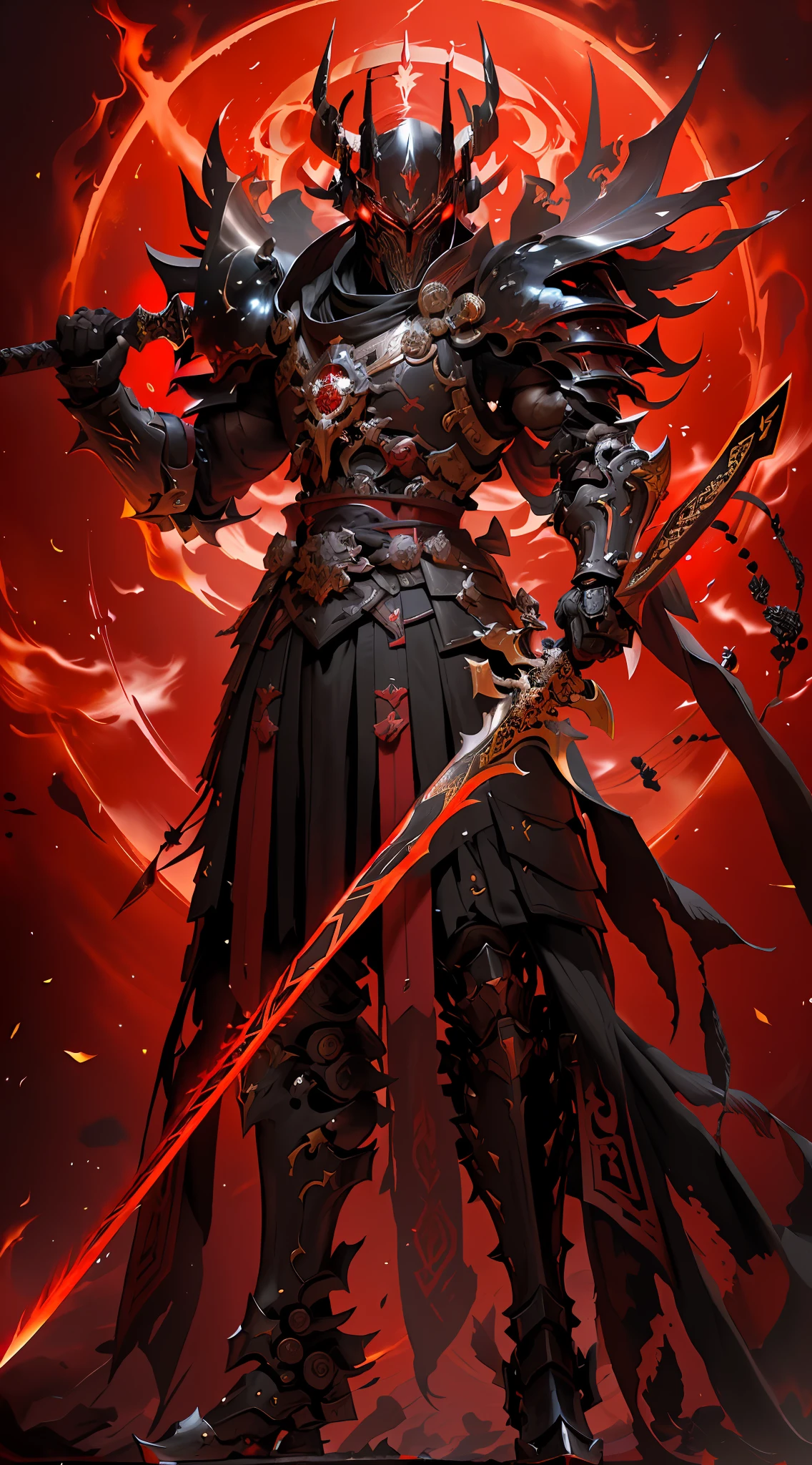 a close up of a person holding a sword and a red light, ruler of inferno, beautiful male god of death, black fire color reflected armor, demon samurai warrior, demon samurai, keqing from genshin impact, king of time reaper, ares with heavy armor and sword, lord of cinder, red demon armor, black and red armor, blood red armor