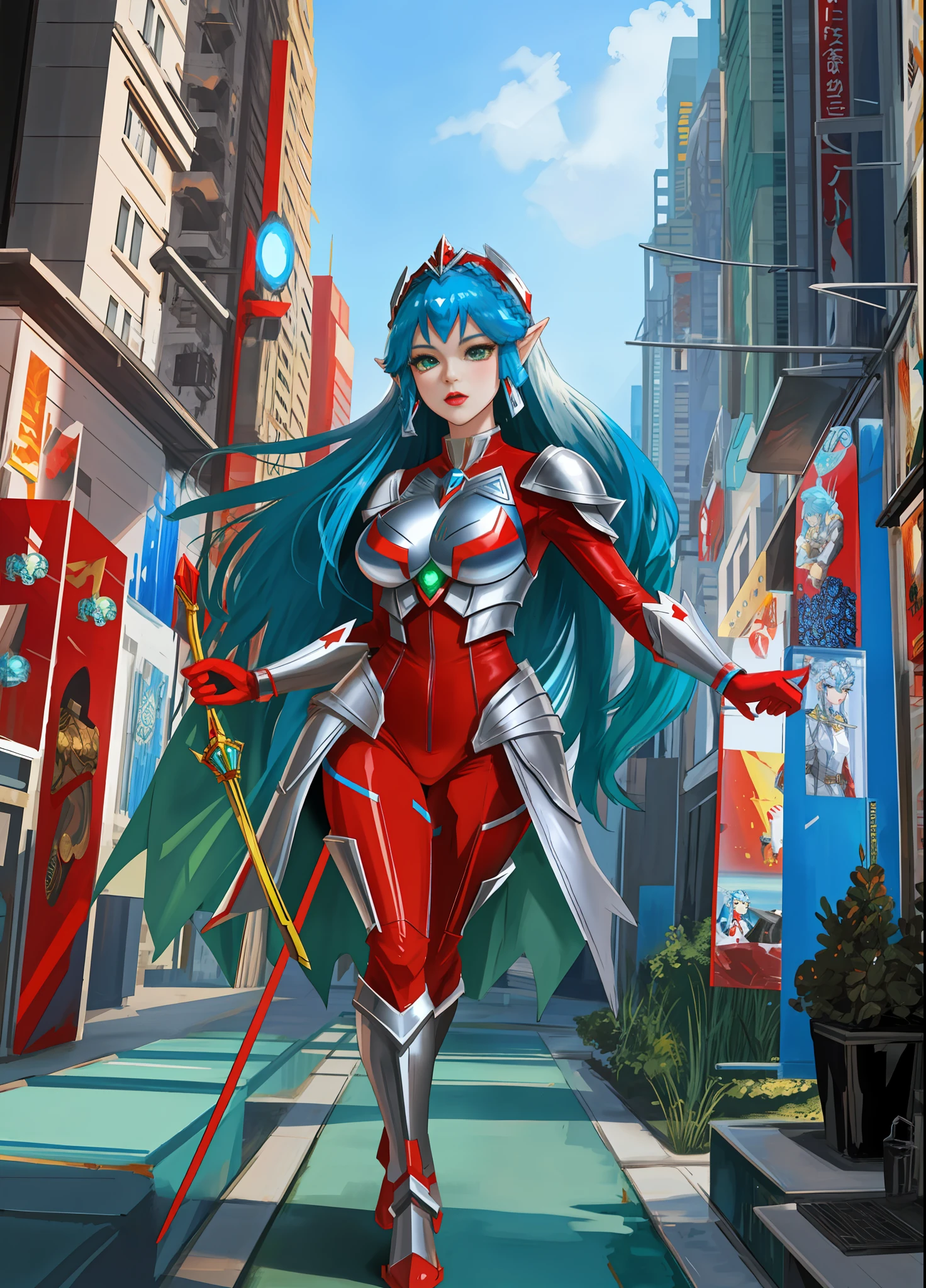 Full body image, standing, Princess Zelda giant, (red with silver costume:1.5), as Ultraman, immensely large breasts1, very tight body suit, heavy makeup on her face, light blue jewel on the breastplate, helmet on head, red lipstick on her mouth, (she green eyes:1.5, blue hair:1.5), Looking at the viewer from the front, she is in a futuristic city with several monsters attacking the buildings, Tokusatsu, Ultraman, anime style, cinematic lighting, 16k, UHD, masterpiece, best quality, high details