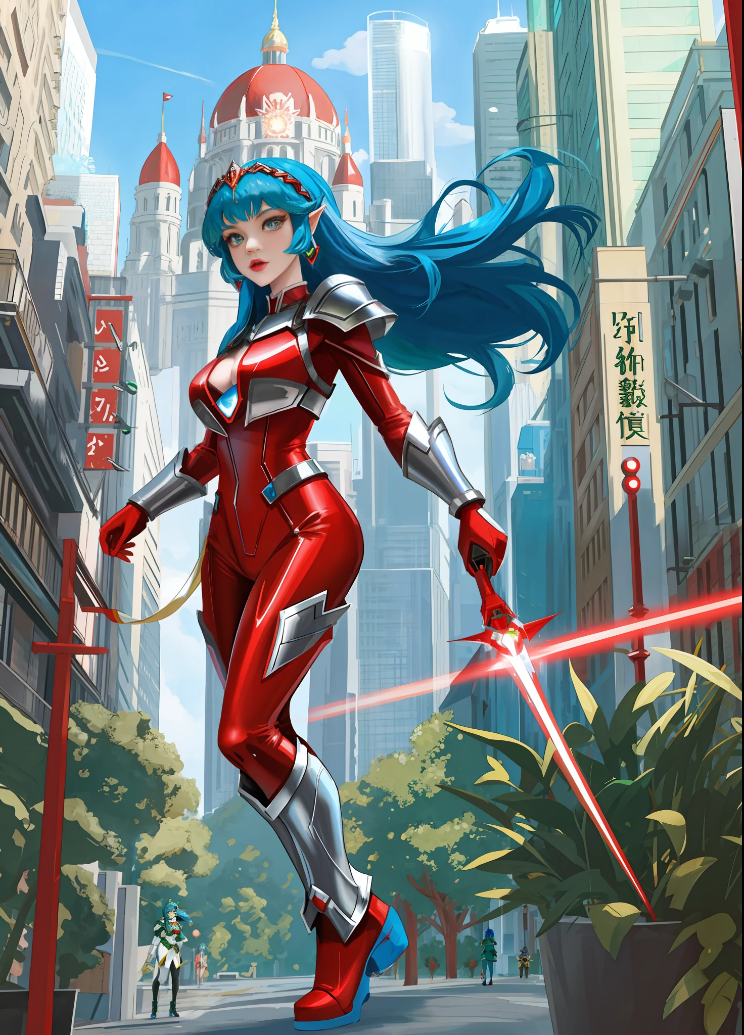 Full body image, standing, Princess Zelda giant, (red with silver costume:1.5), as Ultraman, immensely large breasts1, very tight body suit, heavy makeup on her face, light blue jewel on the breastplate, helmet on head, red lipstick on her mouth, (she green eyes:1.5, blue hair:1.5), Looking at the viewer from the front, she is in a futuristic city with several monsters attacking the buildings, Tokusatsu, Ultraman, anime style, cinematic lighting, 16k, UHD, masterpiece, best quality, high details