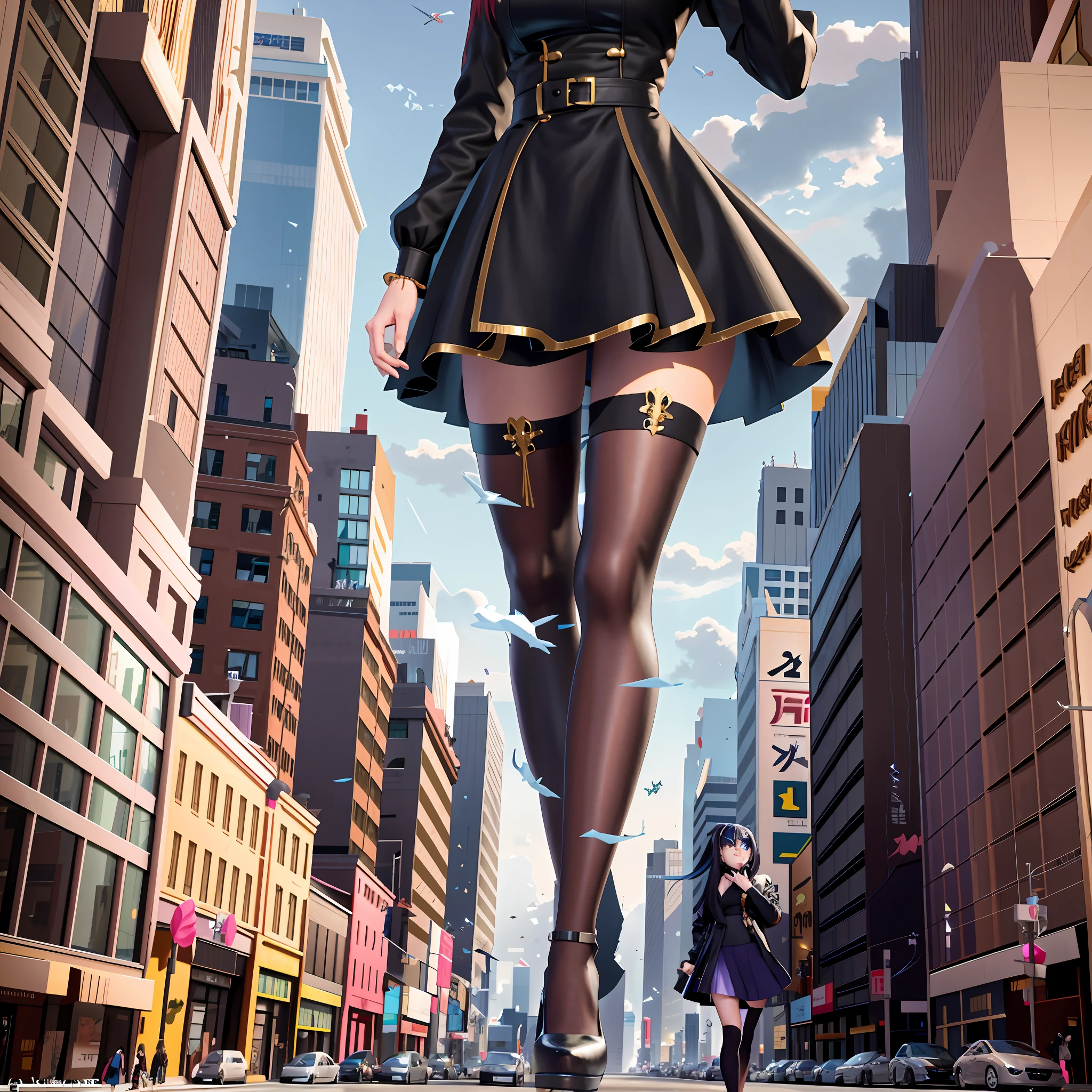 anime girl in a short skirt and black jacket walking down a city street, giantess art, highly detailed giantess shot, giantess, extremely detailed giantess shot, giantess shot, 2. 5 d cgi anime fantasy artwork, realistic anime 3 d style, stylized urban fantasy artwork, high detailed official artwork, photorealistic anime girl render