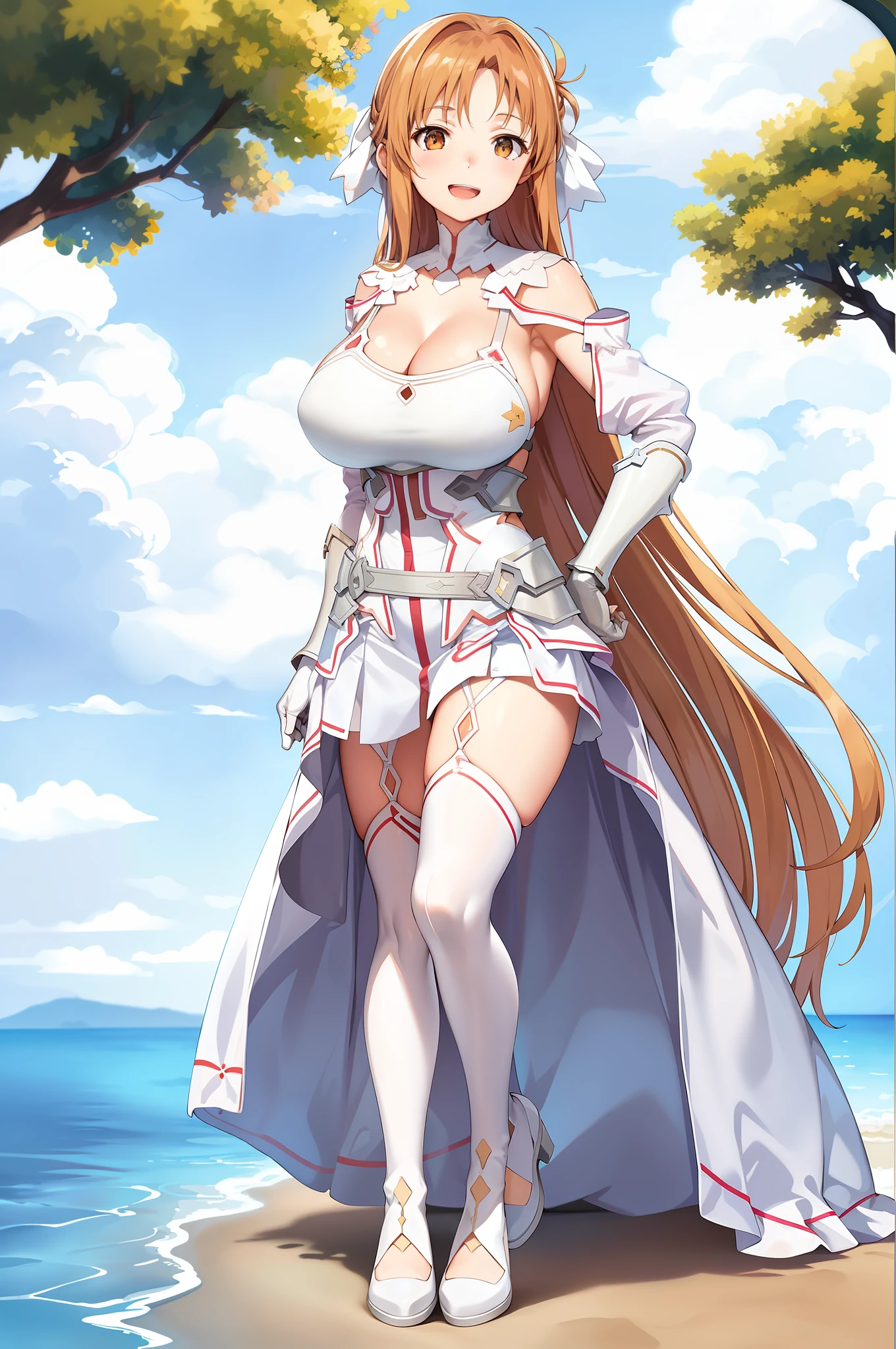 stacia, asuna, asuna_\(sao\), 1girl, fantasy, highres, looking_away, looking_to_the_side, original, realistic, scenery, close_up, upper_body, smiling, solo, (potruding nipple:1.2), long hair, (huge breasts:1.3), looking at viewer, smile, open mouth, bangs ,detailed eyes, beautiful background, (summer, beach), hands on the chest, orange hair, thighhighs, gloves, dress, (cleavage:1.4), bare shoulders, brown eyes, very long hair, standing, (full body:1.5), white gloves, white dress, armor, white thighhighs, garter straps, fantasy, white armor, abec, nsfw