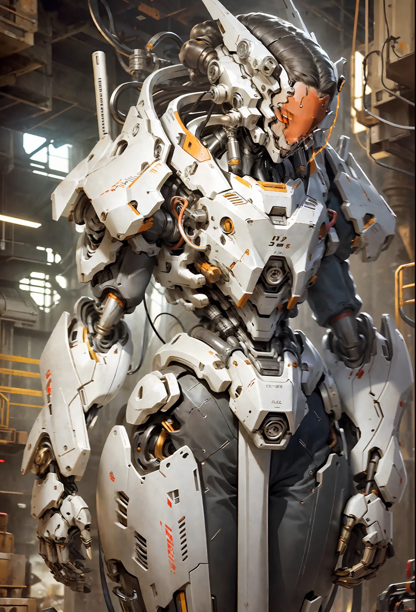 1 woman inside a huge bulky exoskeleton  robot  , ((bulky)) armor,  mecha, 
ink, clean lines,  negative space, high contrast, gradient color,(((masterpiece))), ((best quality)), (ultra-detailed), (CG illustration), (an extremely devious and beautiful)), cinematic light, ((mechanical girl)), single, (machine-made joints: 1.4), ((mechanical limbs)), ( blood vessels attached to the tube), ((mechanical cervical vertebrae attached to the neck), (wires and cables attached to the head and body: 1.5)