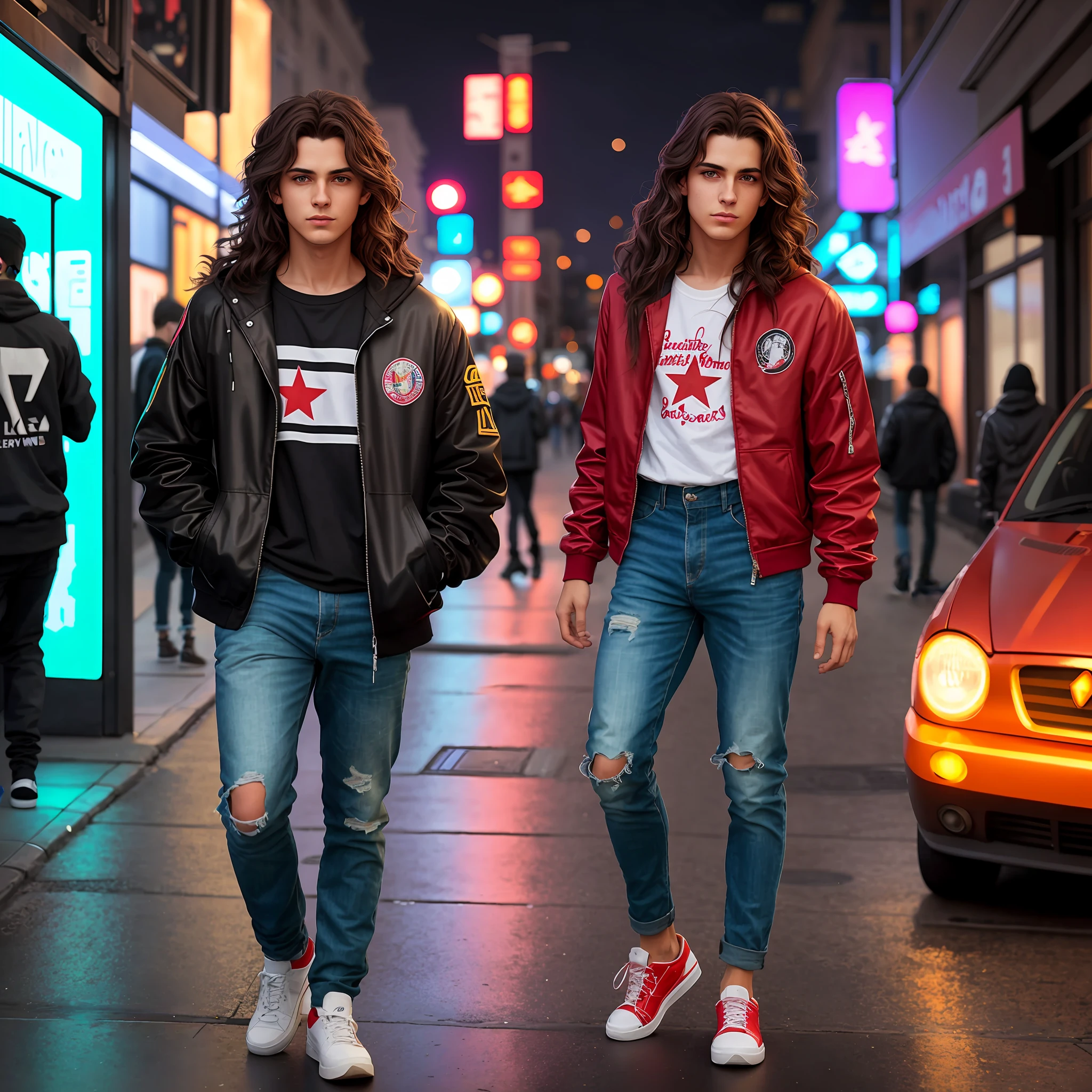 two young men walking down a city street at night, street fashion clothes, realistically rendered clothes, 8k fashion shoot, realistic clothes, photorealistic art style, modeling for dulce and gabanna, by Galen Dara, realistic art style, hero pose colorful lighting of the city, by Gabriel Ba, alena aenami and lilia alvarado, hyper realistic style, street wears