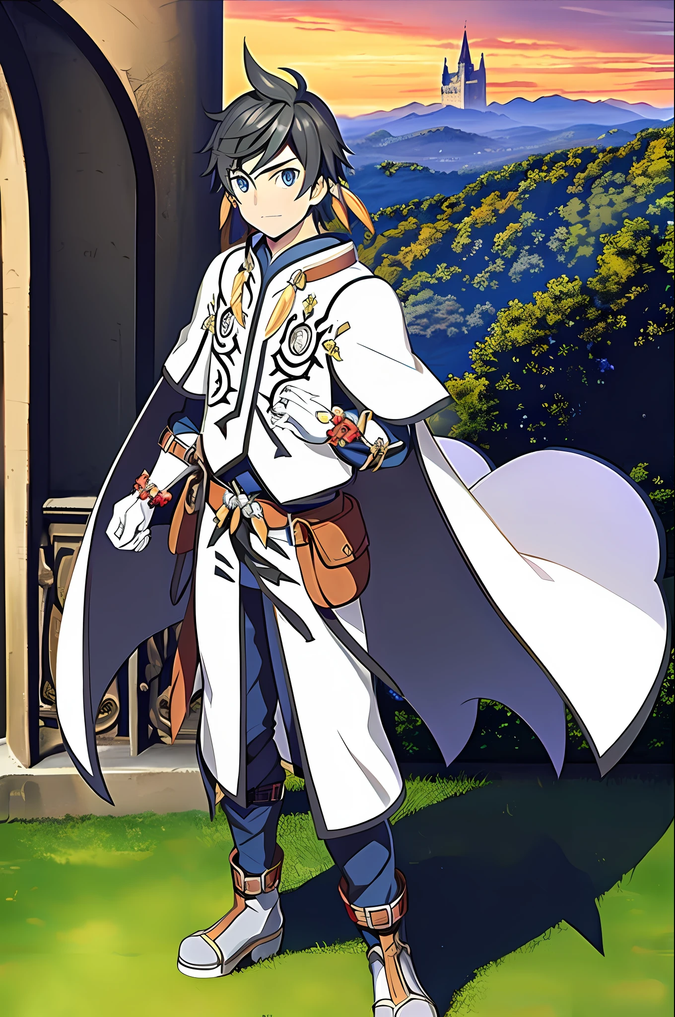 Masterpiece, best quality, 1boy, sorey, standing, solo, black hair, blue eyes, boots, cape, full body, white gloves, jewelry, earrings, male focus, shiny skin, medieval castle, on balcony, Swiss mountain background