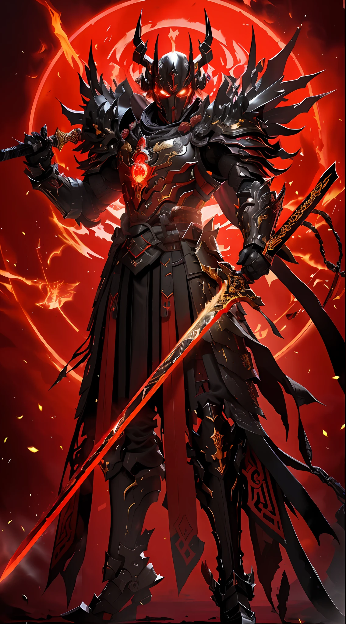 a close up of a person holding a sword and a red light, ruler of inferno, beautiful male god of death, black fire color reflected armor, demon samurai warrior, demon samurai, keqing from genshin impact, king of time reaper, ares with heavy armor and sword, lord of cinder, red demon armor, black and red armor, blood red armor