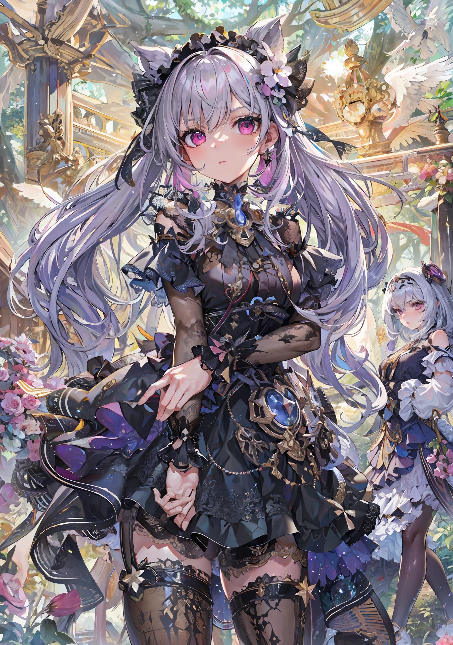 Masterpiece, best quality, 1girl, white hair, angel, innocent, pink eyes, angel wings, full body, behind arms, sky, aura, forest, serious look