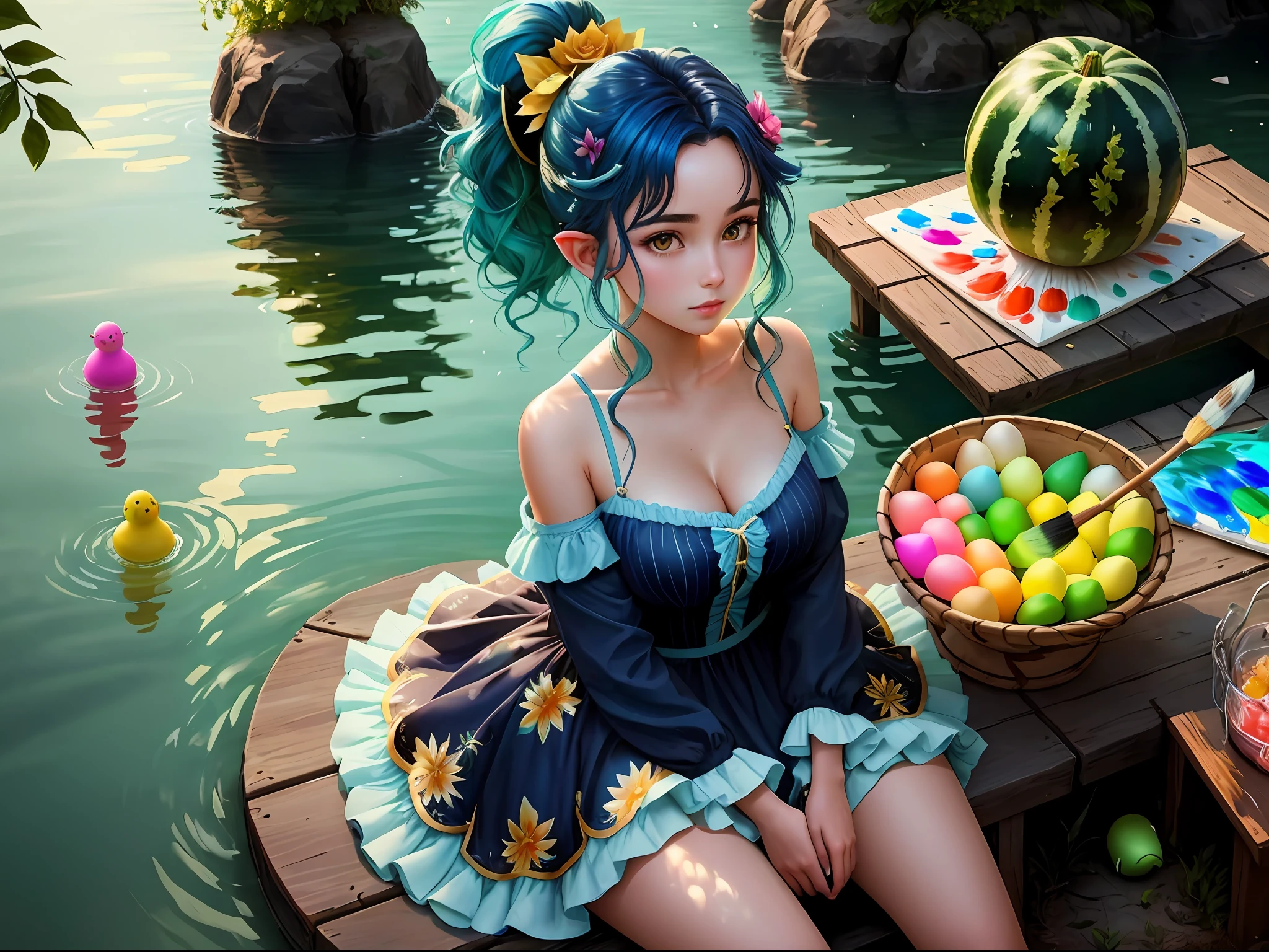 A girl is sitting ,(( a very large brush)),((Painting the bouquets of his melons around him so much of the colored peeps )) and the girl is holding a cup stained with paint, and the dress is stained with paint, beautiful and cute, dark blue hair, green hair, hair between eyes, long hair, split ponytail, leaf hair ornament, dilated pupils, long pointy ears, glowing light, partially underwater shot, wide shot, Low-Angle, super detail