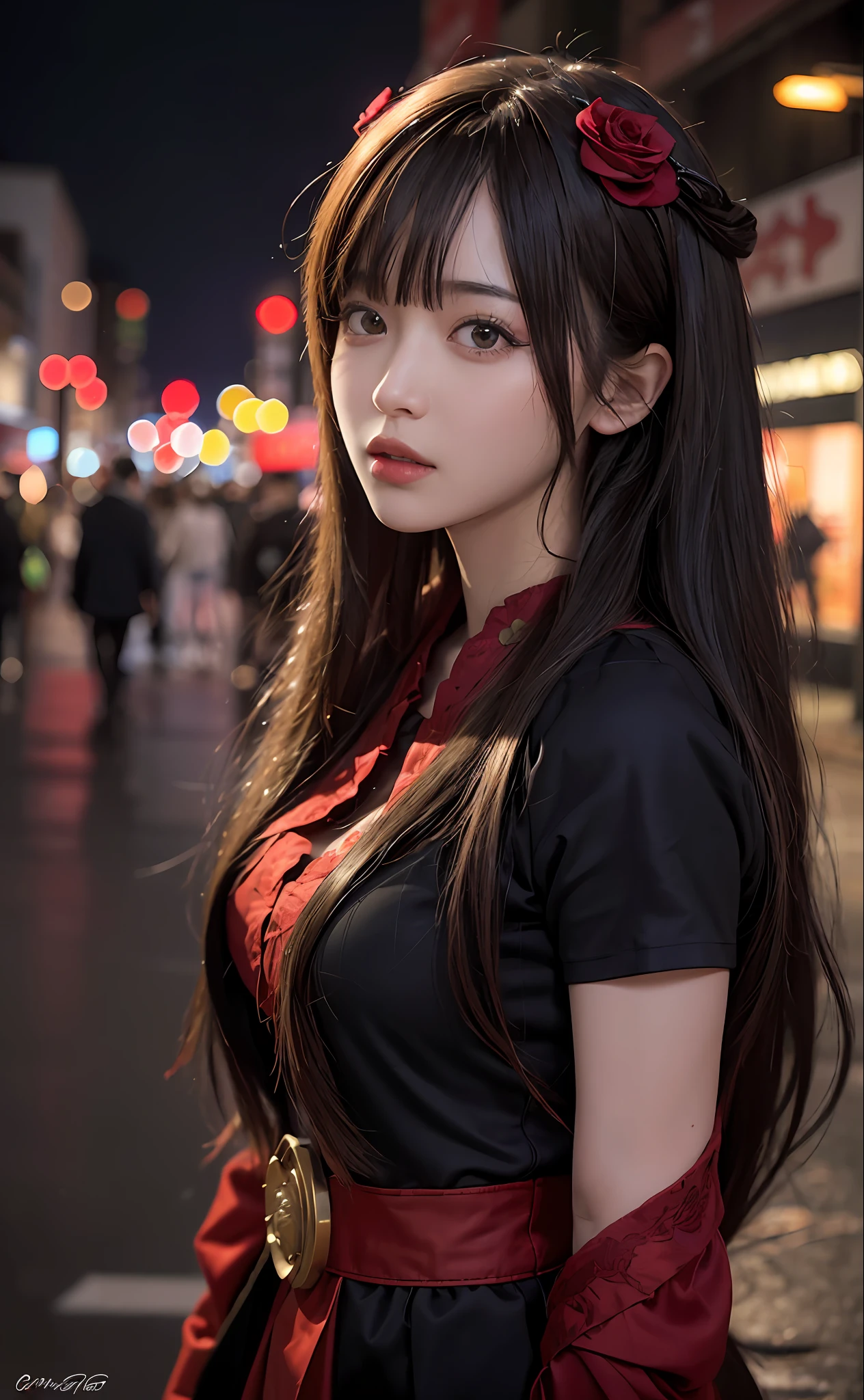 1girl, Tokyo street,night, cityscape,city lights, upper body,close-up, 8k, RAW photo, best quality, masterpiece,realistic, photo-realistic,headgear of red rose, parted bangs, long hair,