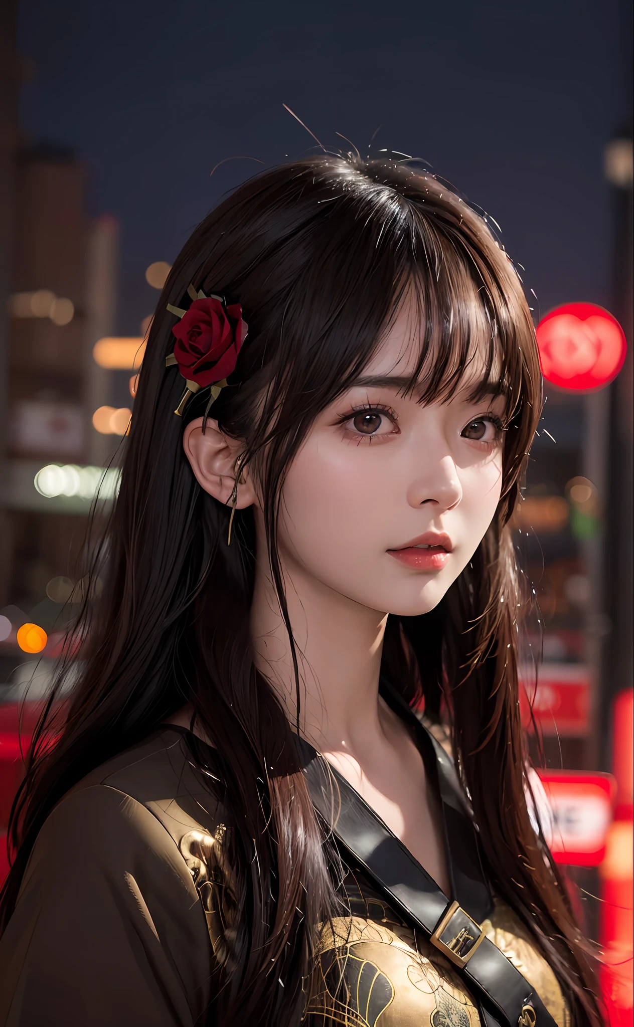 1girl, Tokyo street,night, cityscape,city lights, upper body,close-up, 8k, RAW photo, best quality, masterpiece,realistic, photo-realistic,headgear of red rose, parted bangs, long hair,