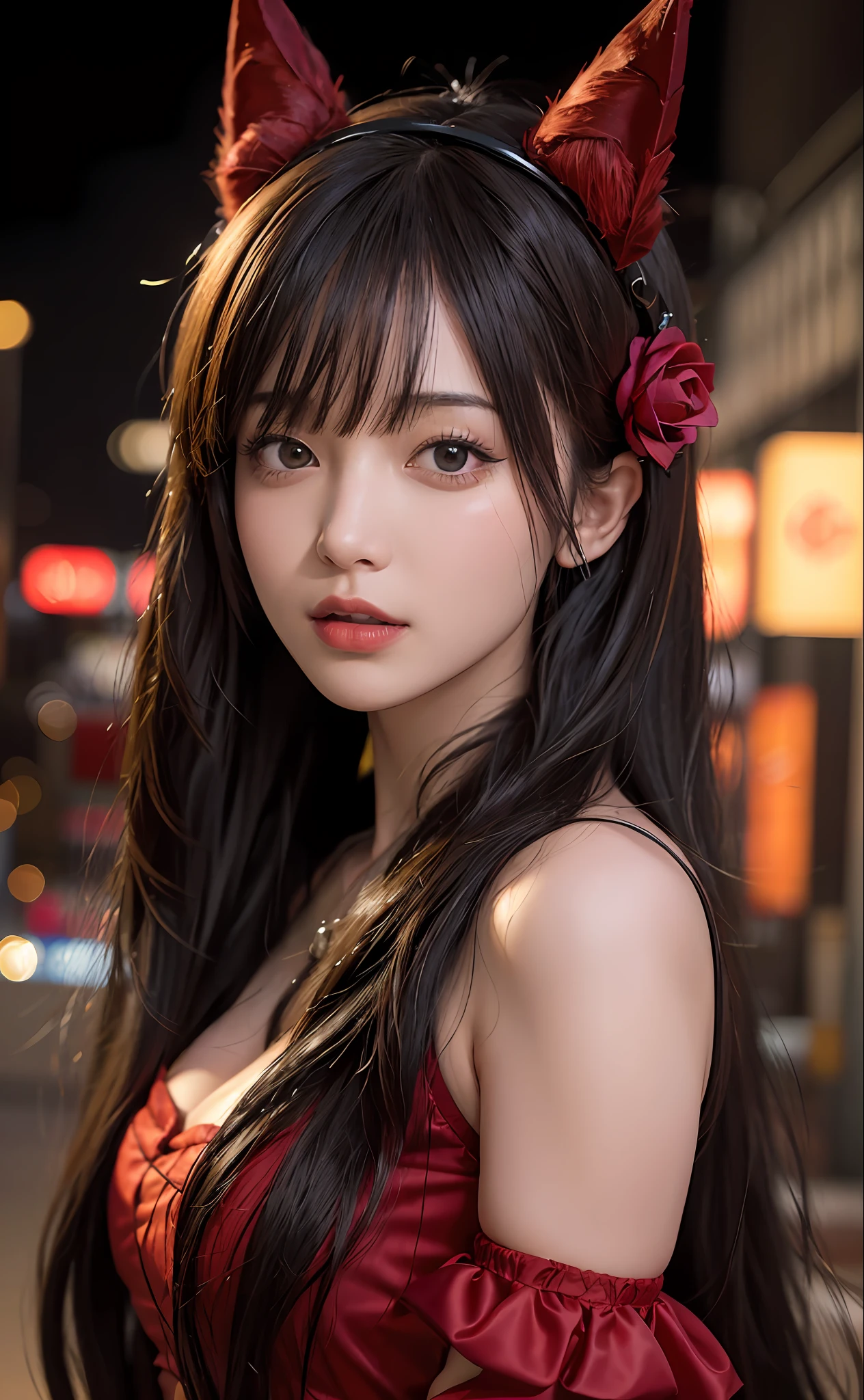 1girl, Tokyo street,night, cityscape,city lights, upper body,close-up, 8k, RAW photo, best quality, masterpiece,realistic, photo-realistic,headgear of red rose, parted bangs, long hair,