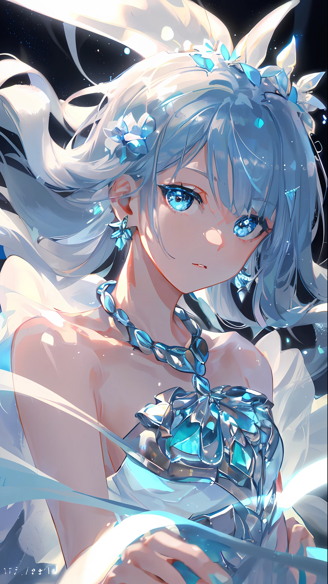 masterpiece, best quality, illustration, sax blue, platinum earrings, platinum necklace, white dress, 1girl, cute, (dynamic lighting:1.2), cinematic lighting, delicate facial features, detailed eyes, sharp pupils, realistic pupils, depth of field, bokeh, sharp focus, (hyper-detailed, bloom, glow:1.4), many small gems