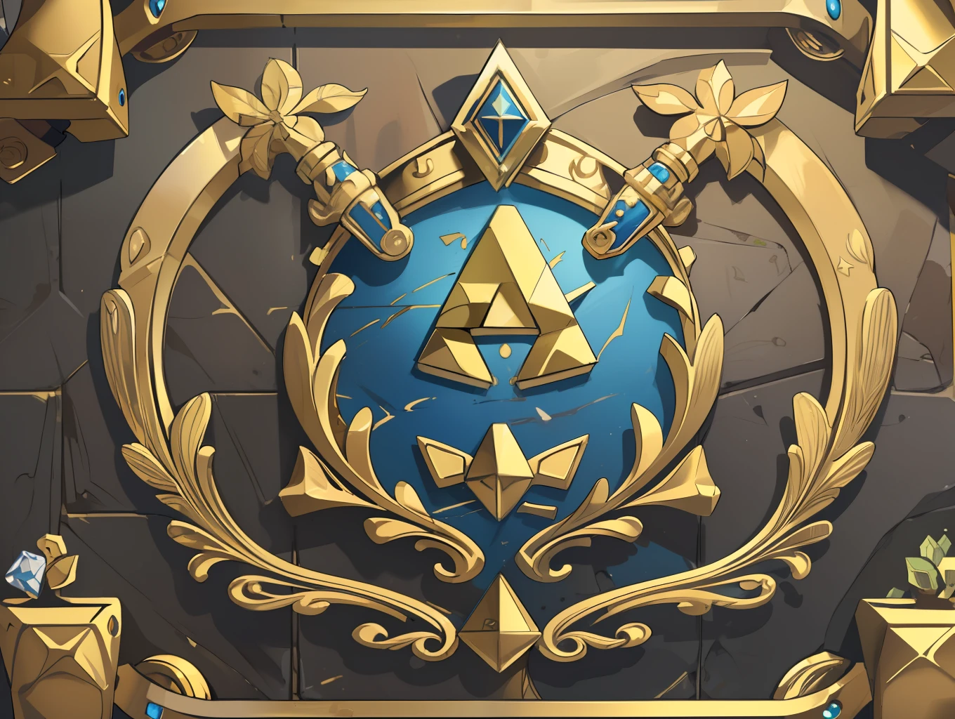 (absurd, highres, ultra detailed), (masterpiece: 1.4), (best quality: 1.4), (high resolution: 1.4), hearthstone_card, triforce emblem in the center with gold texture with silver, Zelda style, futuristic style, gold texture plumbing pipes covering the whole area, elements of Zelda.