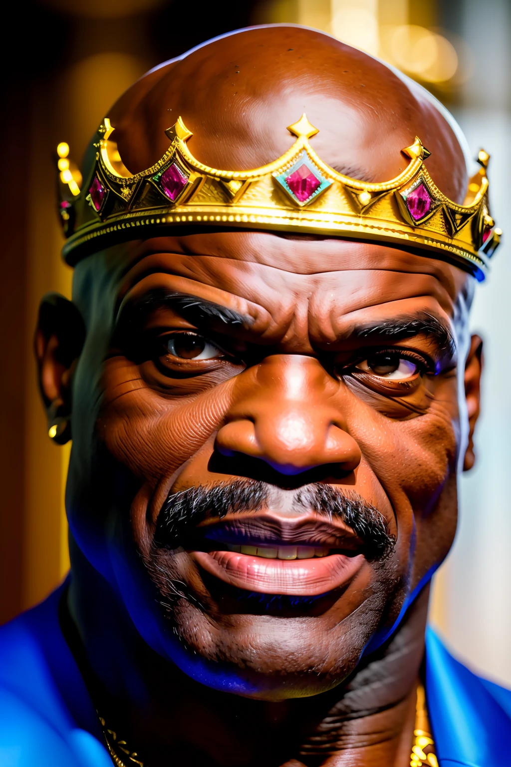 good hand, 4k, high resolution, masterpiece, best quality, head: 1.3, fine skin detail, sharp focus, background a gym, (cinematic lighting), morning, soft lighting, front angle, [: (detailed face: 1.2): 0.2], full face portrait photo ronnie coleman , (with a king's crown on his head), black man , bald , super muscular, clean face without hair