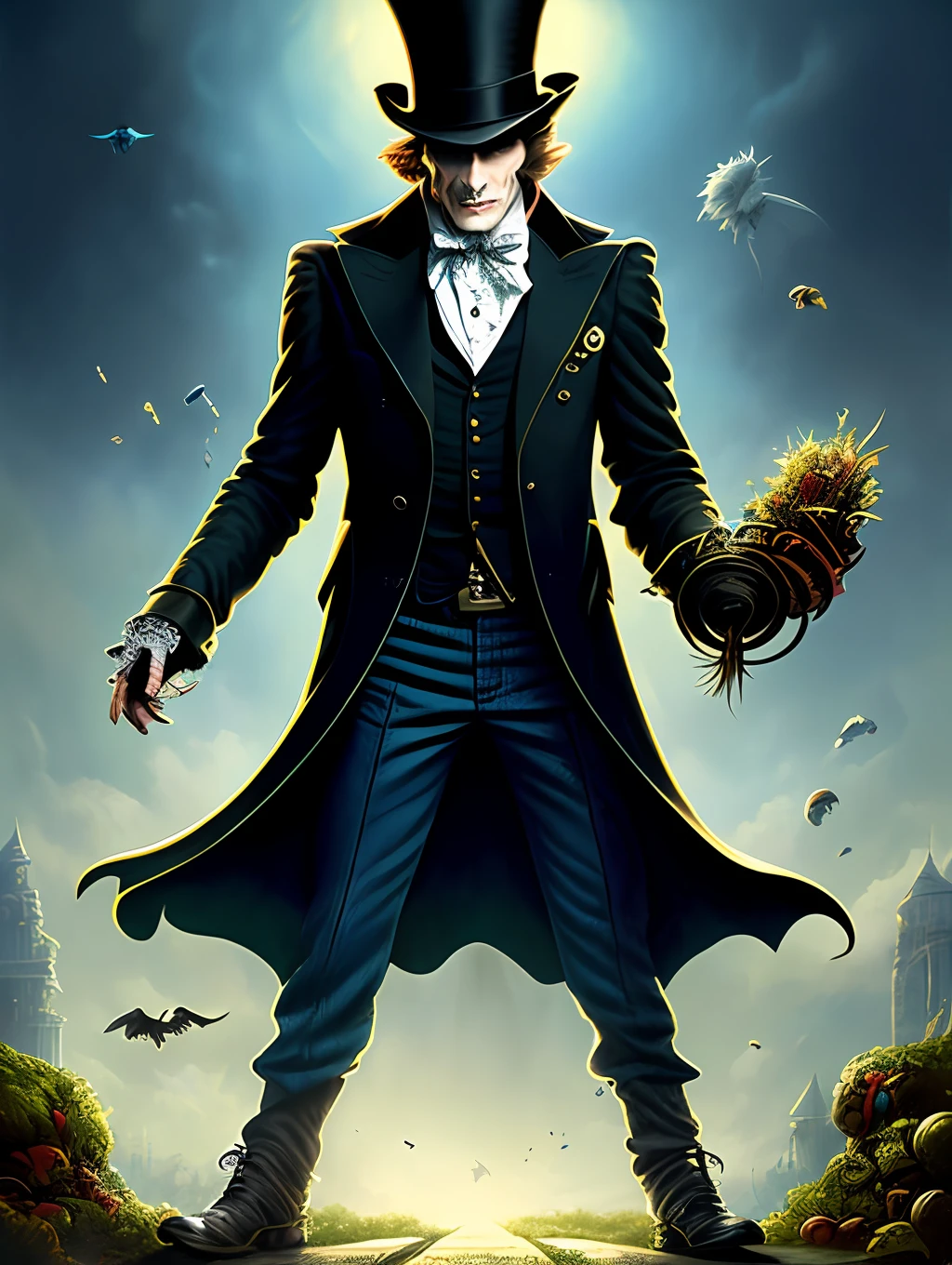 a close up of a man wearing a top hat, john picacio and brom, willem dafoe as scarecrow, best of behance, madhatter, josan gonzalez and tyler edlin, by Jack Davis, he is about 60 years old, necro, time magazine, jack white, promotional render, an ultrafine detailed painting, character portrait, poster art, shock art, fantastic realism, fantasy art, trend on cgsociety